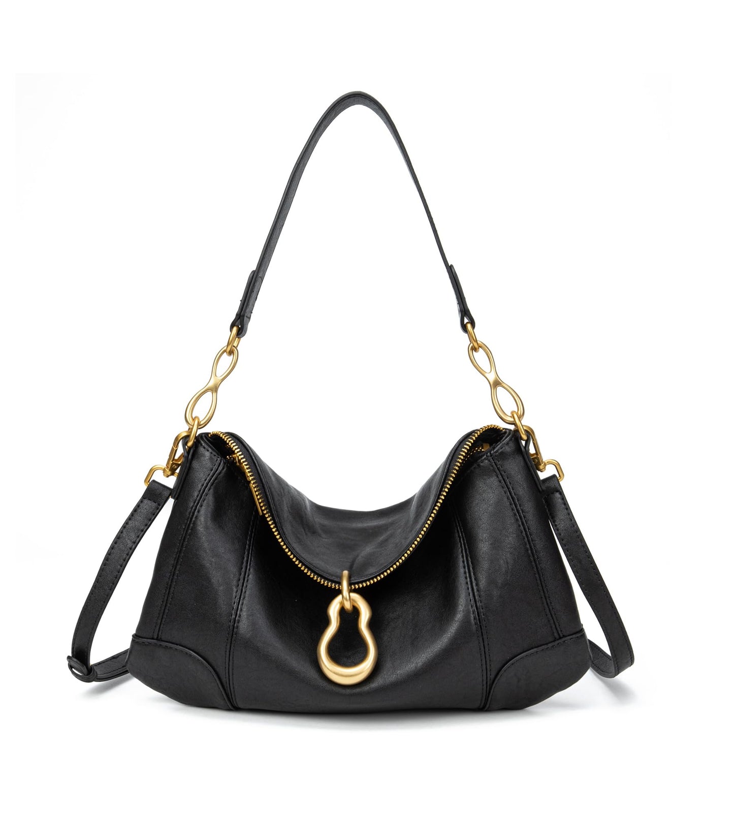 KingTo Shoulder Bag for Women Small Hobo Purse with Metal Pendant Embellished Retro Handbag Satchel (A-Black)