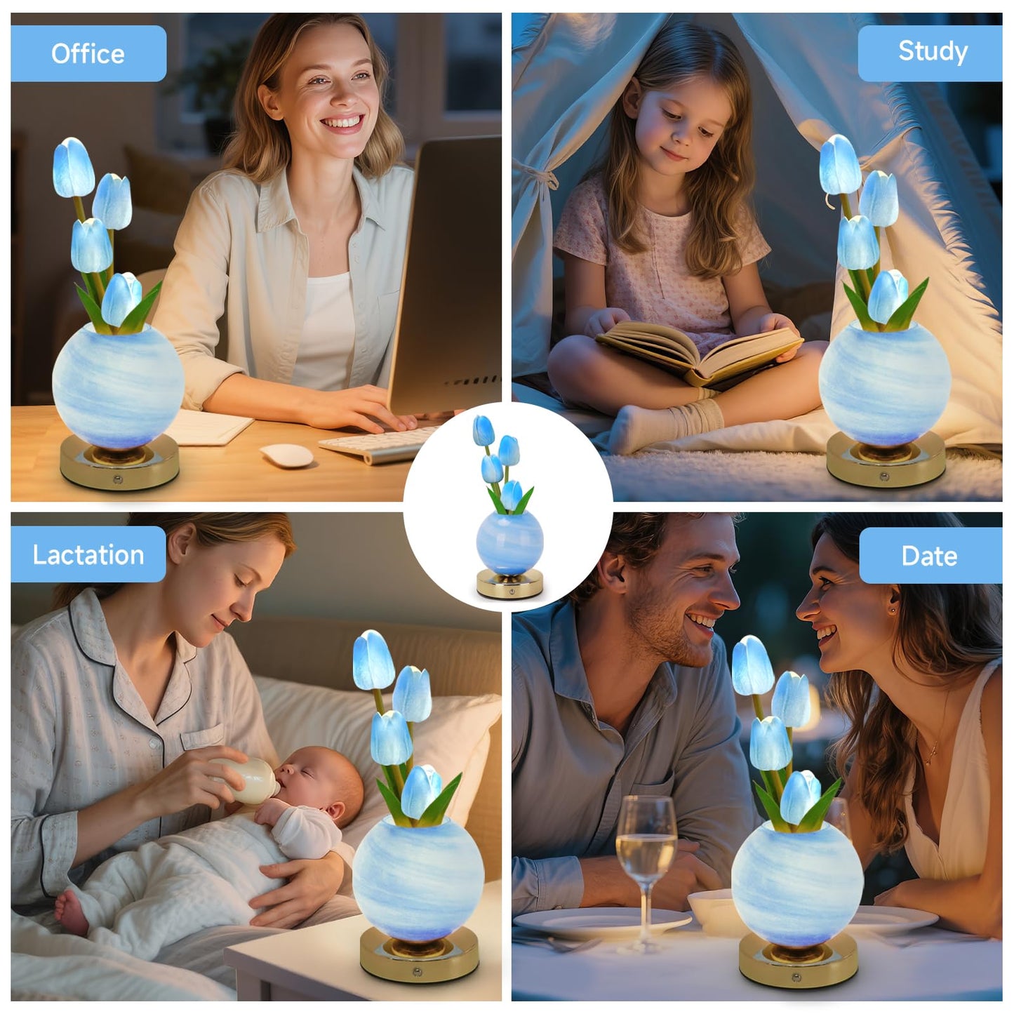 Strackvial Tulip Table Lamp, Rechargeable Cordless Touch Dimming Artificial Tulip Flower Desk Lamp, LED Flower Bedside Night Light Romantic Gifts for Girl Women Mom (Blue)