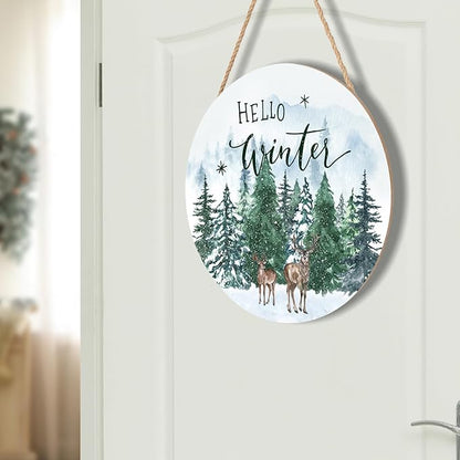 Winter Welcome Sign for Front Door Decor Farmhouse Winter Pine Trees Wood Door Hanger for Outdoor Outside Porch Rustic Hello Winter Round Hanging Sign for Home Front Porch Wall Decoration 12”x12”