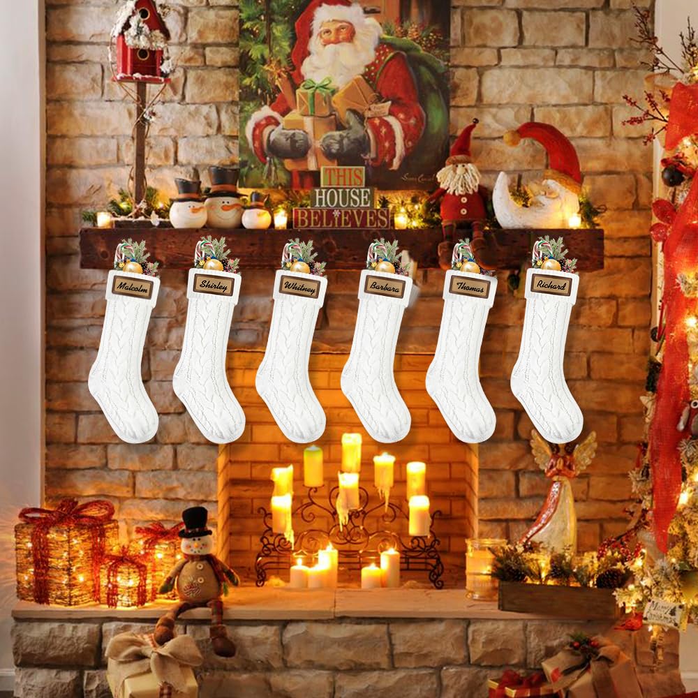 XOYTN 6 Pack Christmas Stockings, 18inch Large White Cable Knitted Stocking Personalized Xmas Hanging Stocking with Leather Patches Custom Name for Christmas Holiday Party Decoration