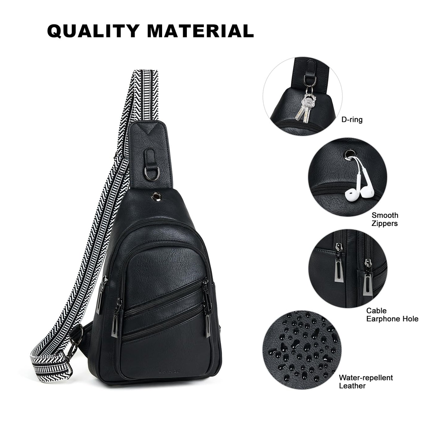 Leresas 7L Crossboydy Sling Bag for Women Vegan Leather Crossbody Purse Fanny Pack Chest Bag for Travel,Black