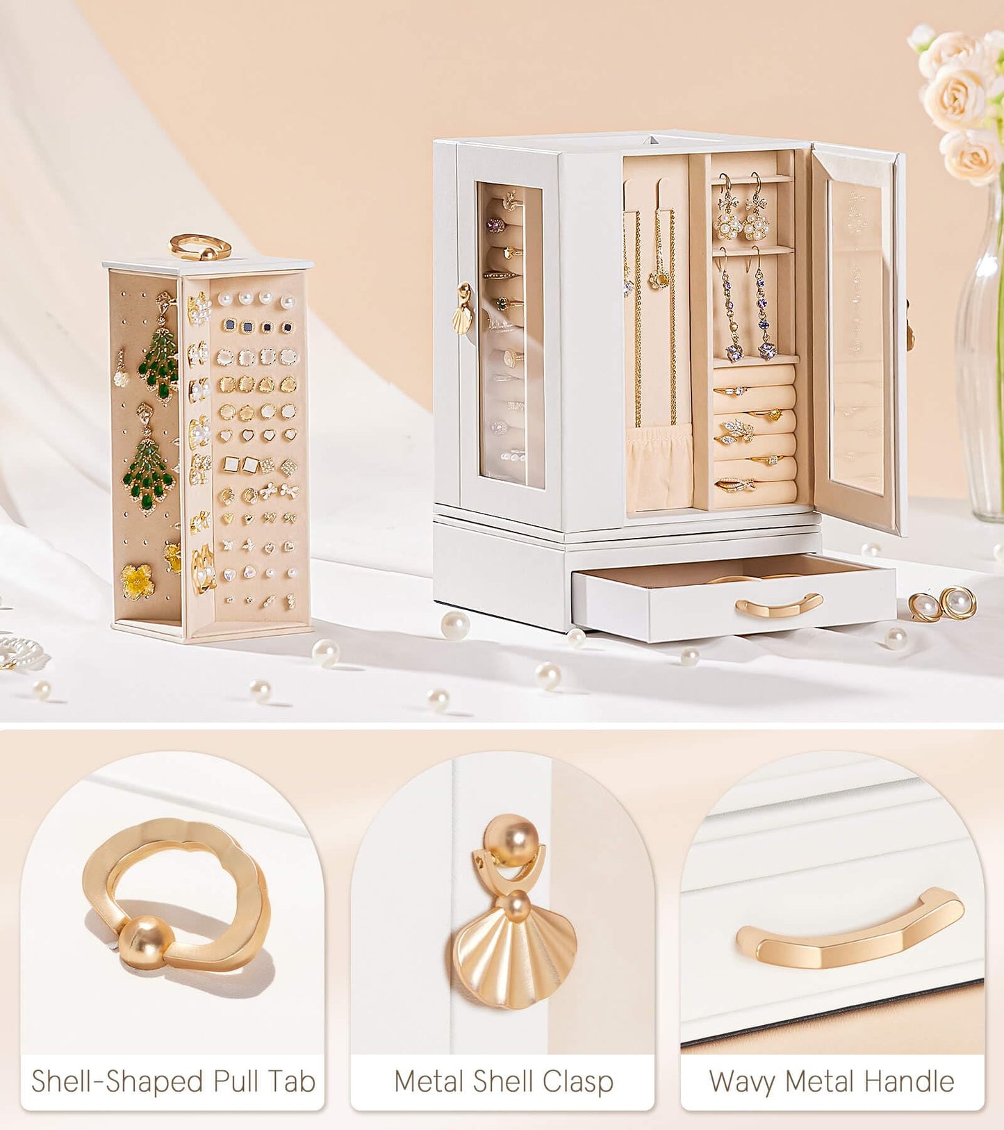 Enthralite Jewelry Box Large for Dresser: Women Necklace Ring Storage Organizer with Compartments - Elegant Earring Holder Display - 360° Rotating Jewelry Organizer with Glass Door