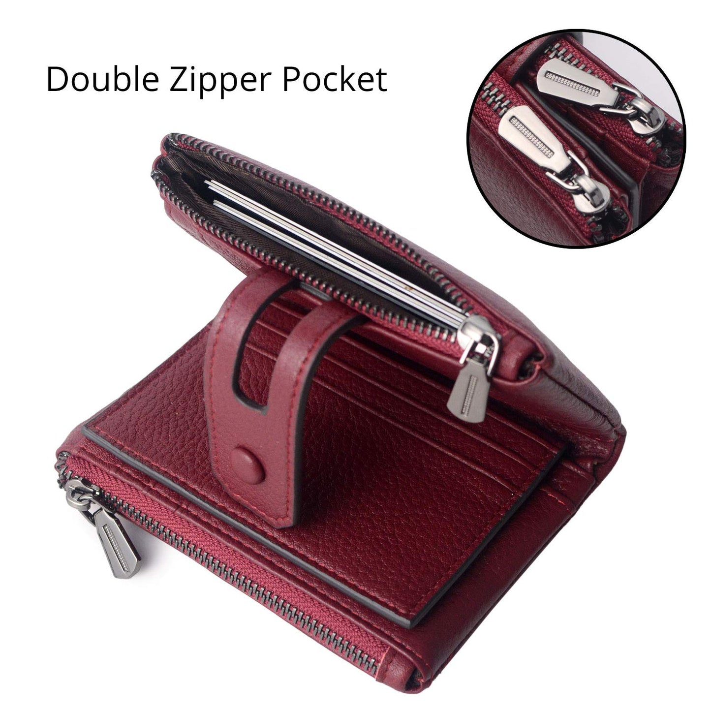 Bveyzi Small Soft Leather Wallet for Women RFID Blocking Ladies Card Holder with Double Zipper Pocket (Wine Red)
