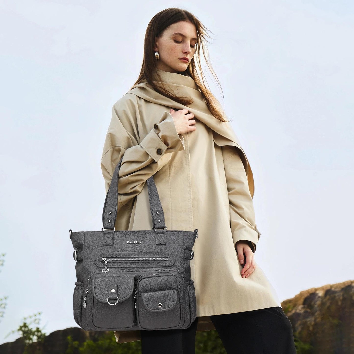 KouLi Buir Large Crossbody Bag for Women, Shoulder Bag Tote Handbag with Adjustable Strap, Vegan Leather Hobo Bags for Work Travel(Charcoal Gray)