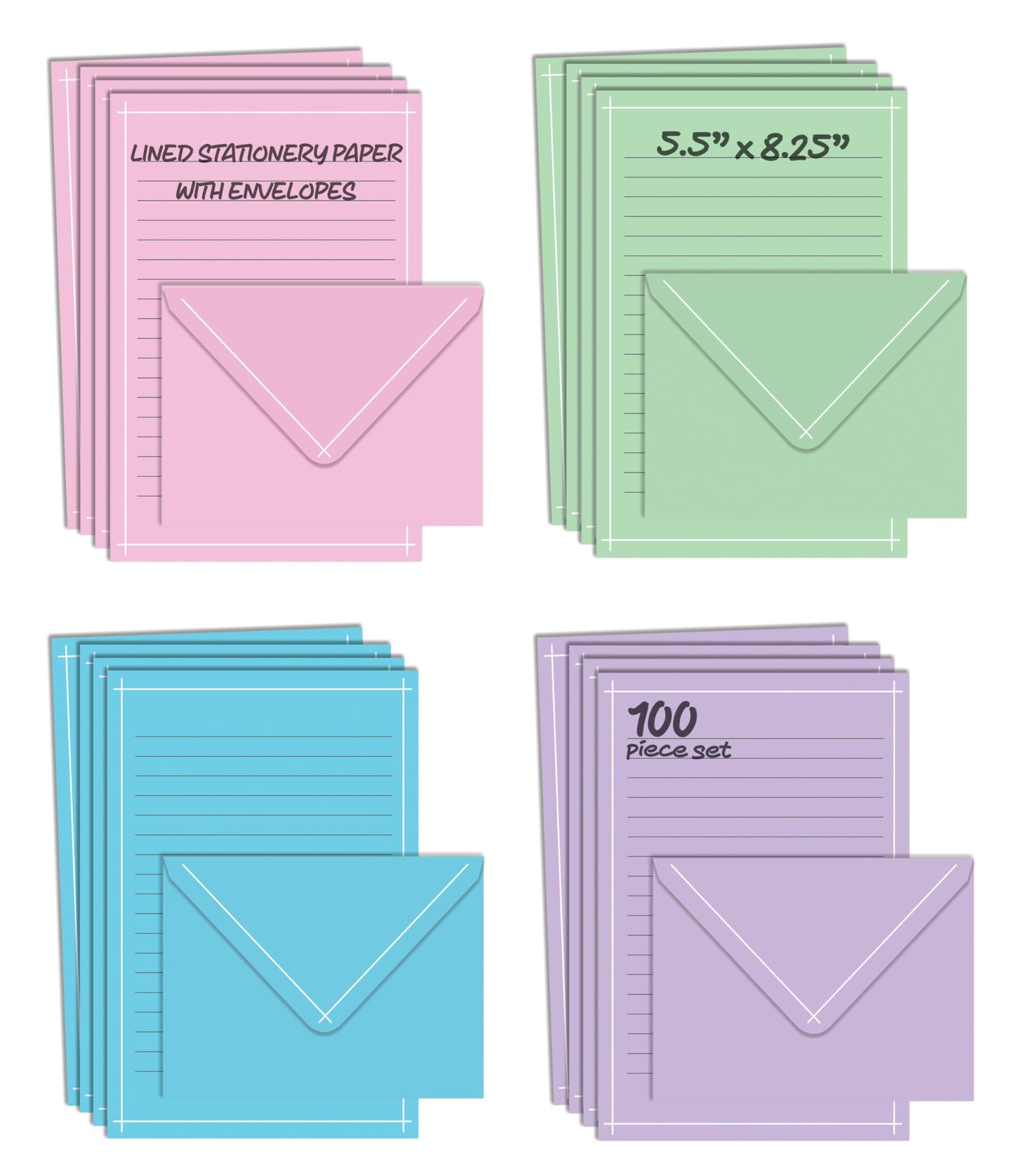 Better Office Products Mini Stationery Set, 100 Piece Set (50 Lined Sheets + 50 Matching Envelopes), 4 Solid Colors, Thin White Border, 5.5 x 8.25 inch, Double Sided Printing, One Side Lined Paper,