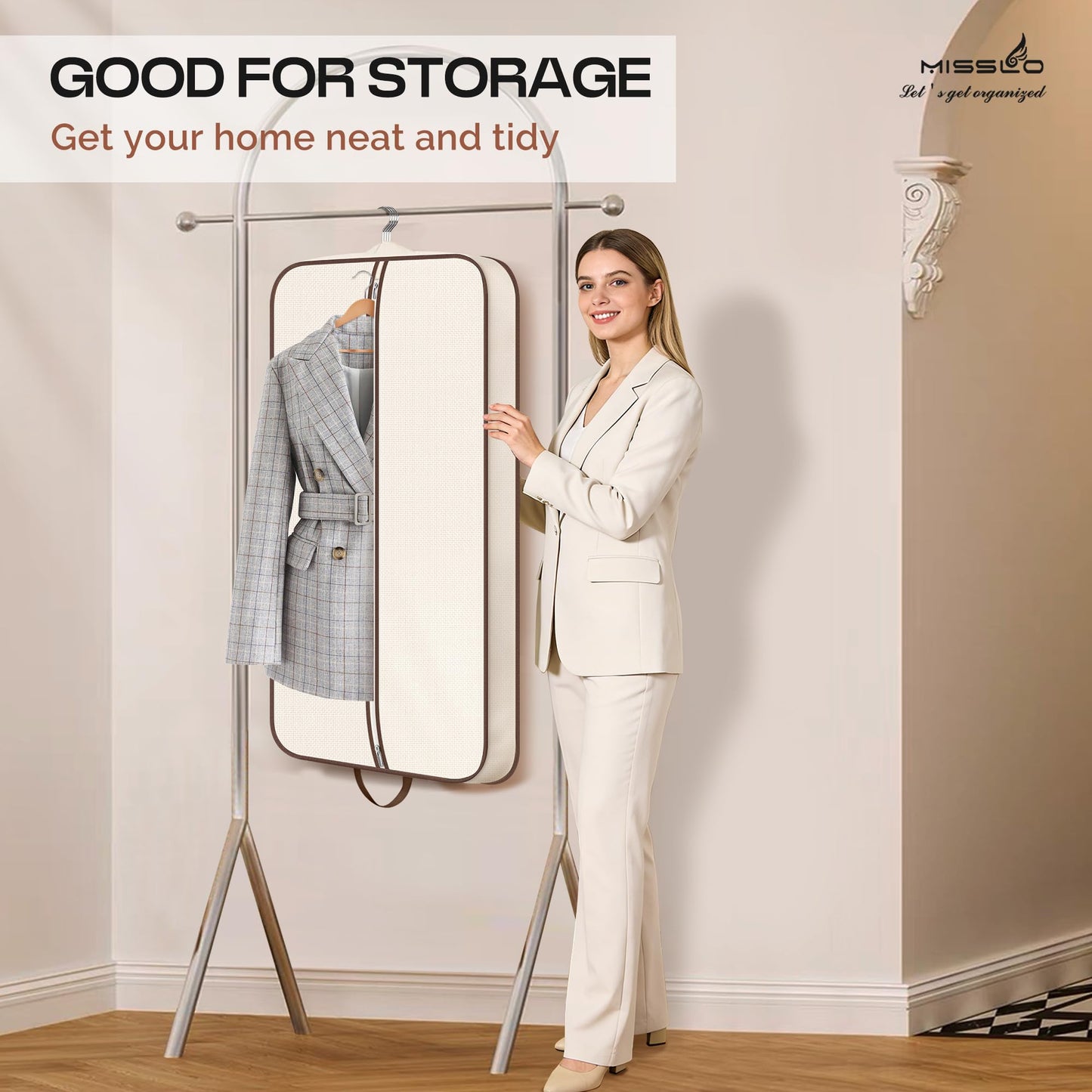 MISSLO 43" Hanging Garment Bags for Travel for Women Heavy Duty Mens Suit Bag Travel Foldable Suit Cover Bags for Closet Storage for Coats, Jackets, Shirts, Clothes, Beige