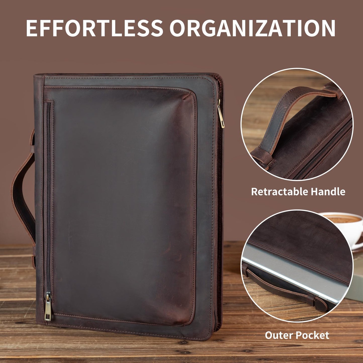 YIWEN Personalized Leather Portfolio with Handle – Zippered Front Pocket, Writing Pad Clip, Letter Size Notepad Holder, Professional Business Padfolio for Men Women (Dark Brown, Crazy Horse Leather)