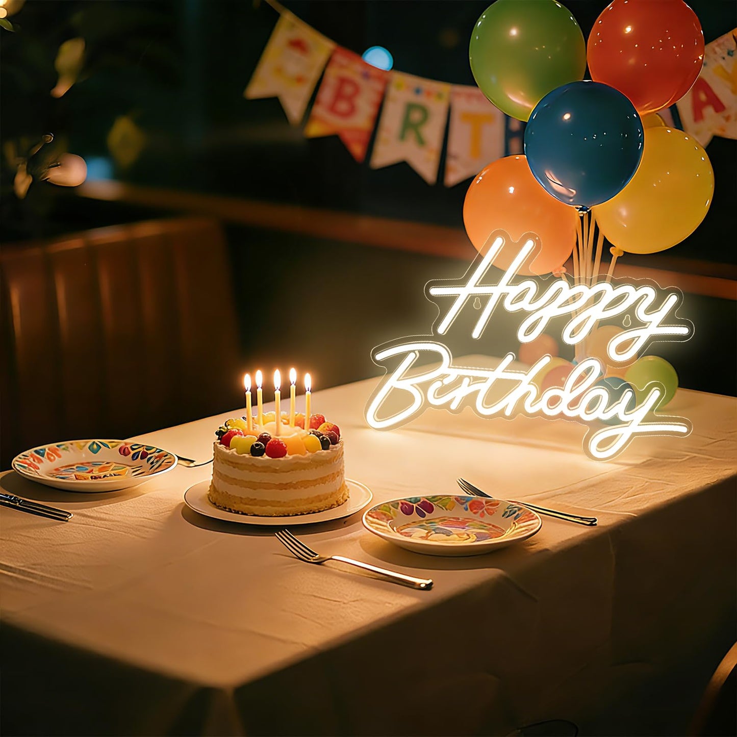 Happy Birthday Neon Sign for Wall Decor, Dimmable LED Birthday Neon Light for Wall Decor Light Up Happy Birthday Led Signs for Backdrop Birthday Any Ages Bday Celebration Decoration, Warm White