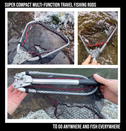Travel Fishing Landing Net. Super Compact, Folding, Rugged Travel Fish Net. Extra Deep Coated, Low Smell Net + S Carry Hook. Freshwater and Saltwater Angling.