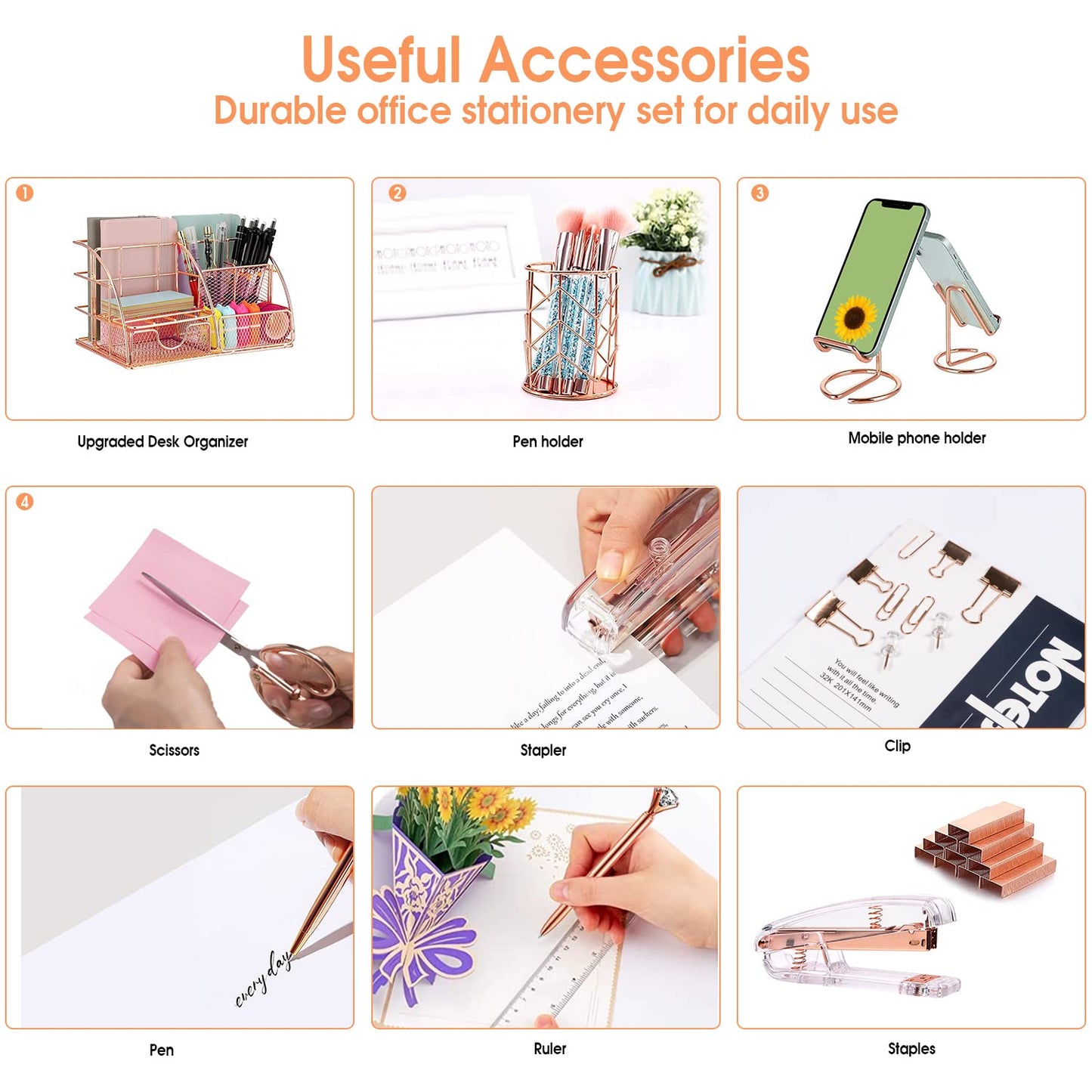 KAAKOW Rose Gold Desk Organizers and Accessories Office Supplies Set Stapler, Pen Holder, Phone Holder, Scissors, Pen, Ruler, 30 Paper Clips, 22 Binder Clip, 20 Tacks and 1000pcs Staples