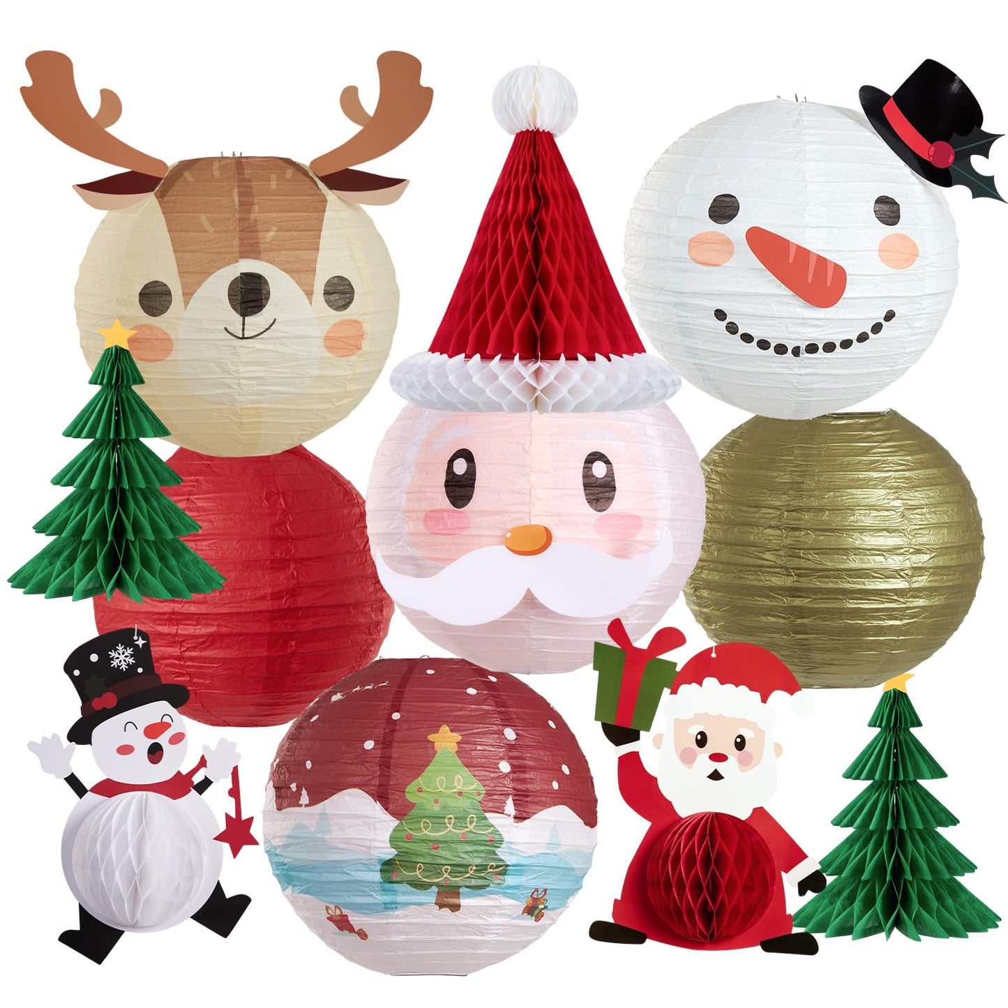 Christmas Paper Lanterns Hanging Classroom Christmas Decorations Ceiling Party Decorations Including 3D Xmas Hat, Santa Claus, Snowman Christmas Trees Honeycomb, for Xmas Holiday Home Indoor 11 PCS