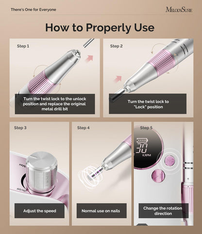 MelodySusie Portable Nail Drill 30000 RPM,SC320F Professional Rechargeable Electric Nail File,Cordless Nail E File for Acrylic Nails Gel Polishing Removing,Efile Nail Kit for Manicure Salon Home,White