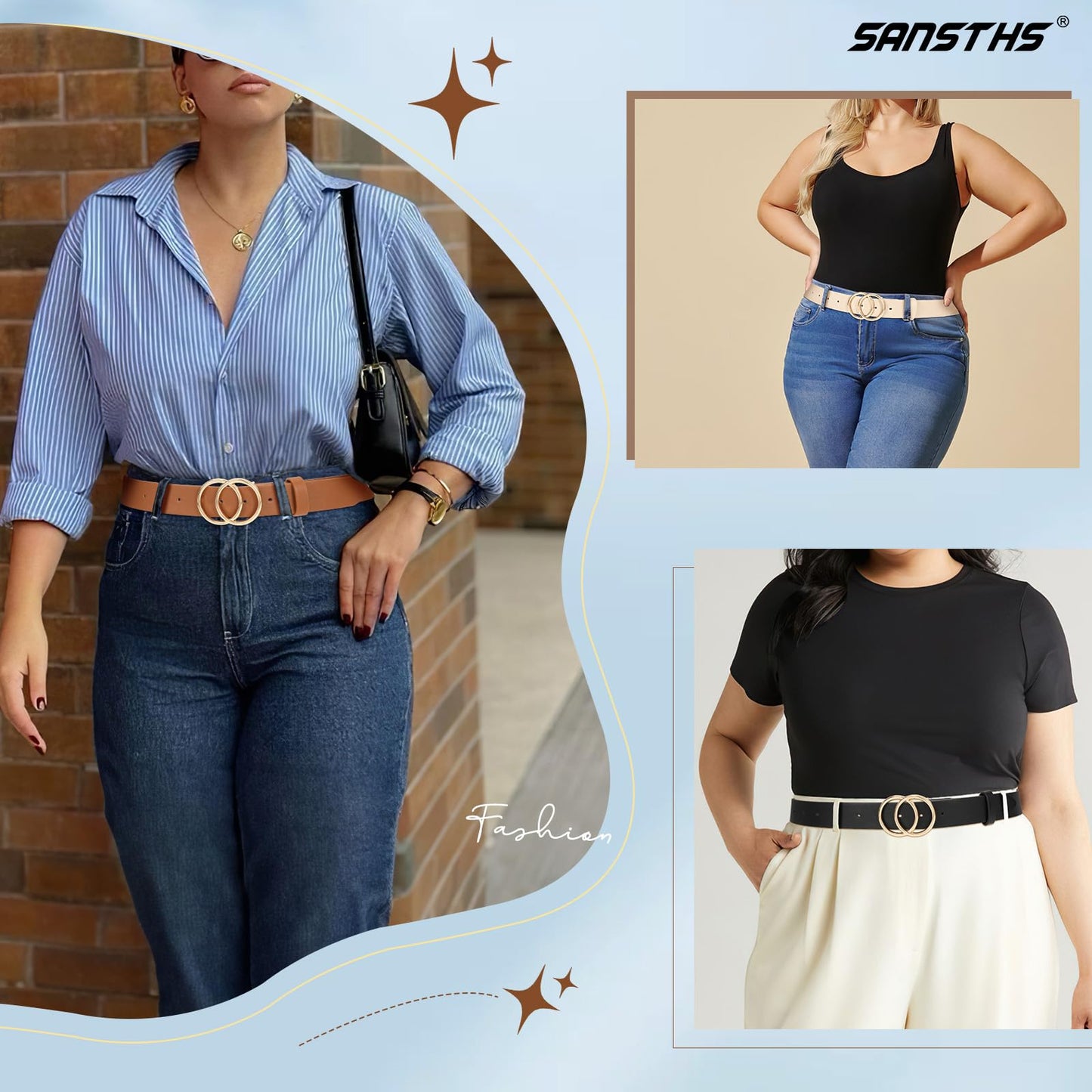 SANSTHS 3 Pack Women Waist Belts for Jeans Pants Dresses, Ladies Belt with Double O-Ring Gold Buckle, Black+Brown+Beige L