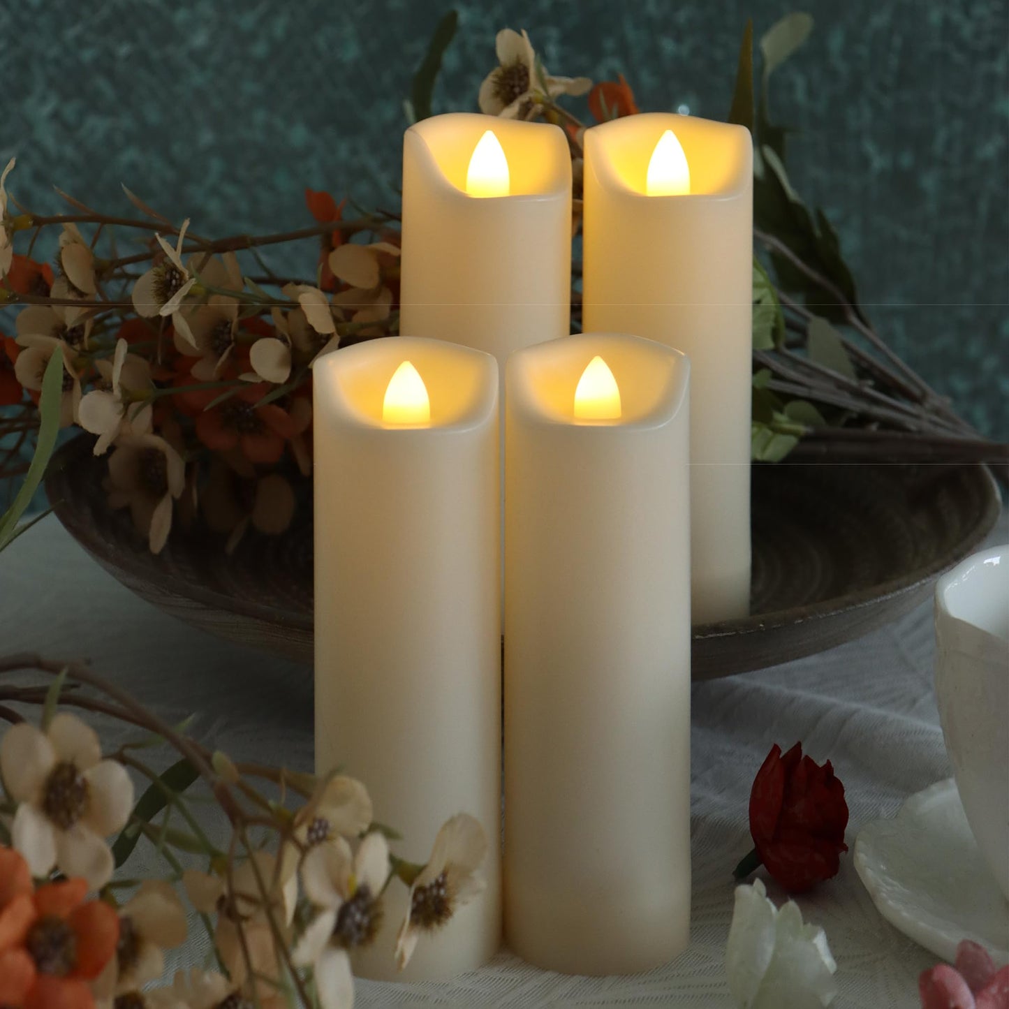 iZAN 4 Pack Flameless Battery Operated LED Pillar Candles with Remote Outdoor Waterproof Flickering Decorative Lights for Halloween Christmas Home Kitchen Décor Wedding Party Event Decorations 2”x7”