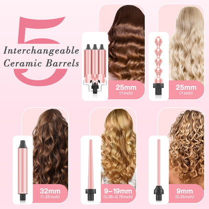 MOCEMTRY 5 in 1 Curling Wand Set (0.35"-1.25") with 3 Barrel Hair Crimper, Bubble Curling Wand and 3 Ceramic Barrels, Curling Iron 1 inch Crimper Hair Tool Waver with Two Temp Control, Gifts for Women