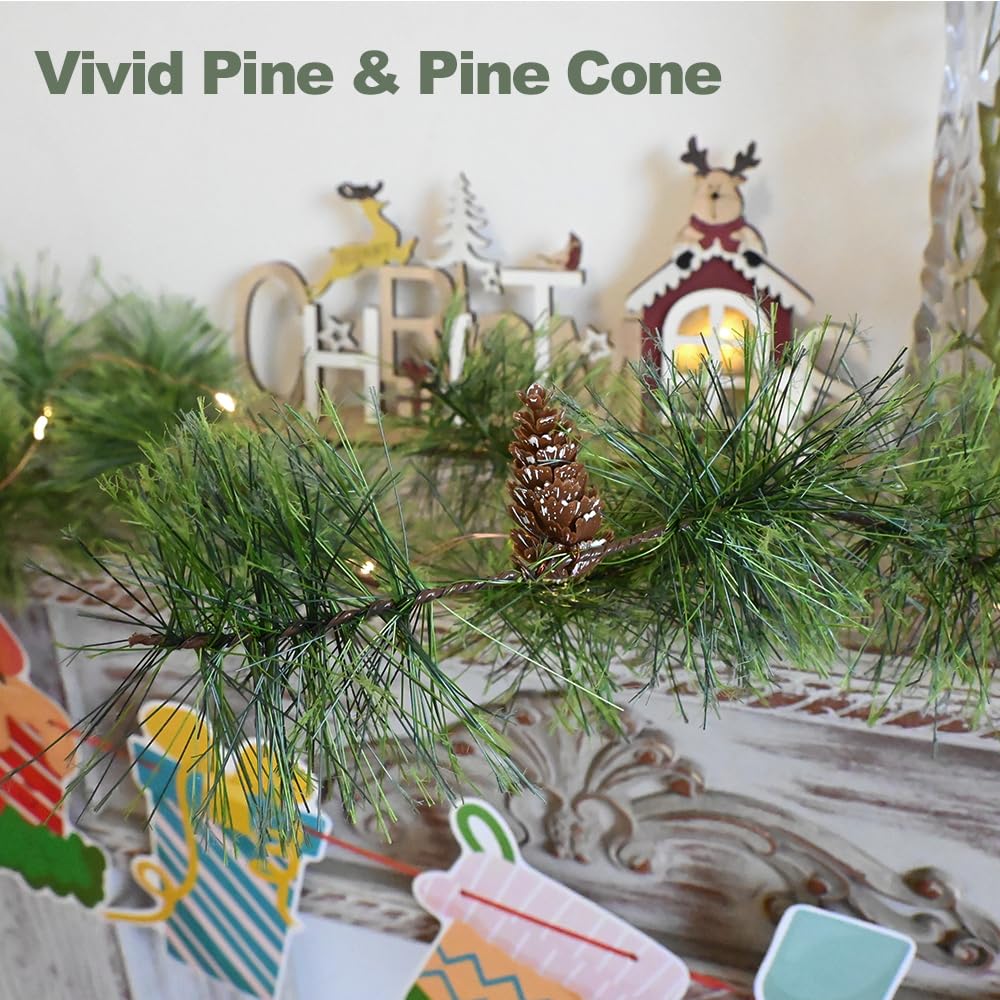 Pre-lit Christmas Garland with Lights 9.84 FT Smokey Pine Garlands 40 LED Fairy Lights Battery Operated with Timer Pine Cones Artificial Greenery Garland Wreath for Christmas Home Mantle Stairs Decor