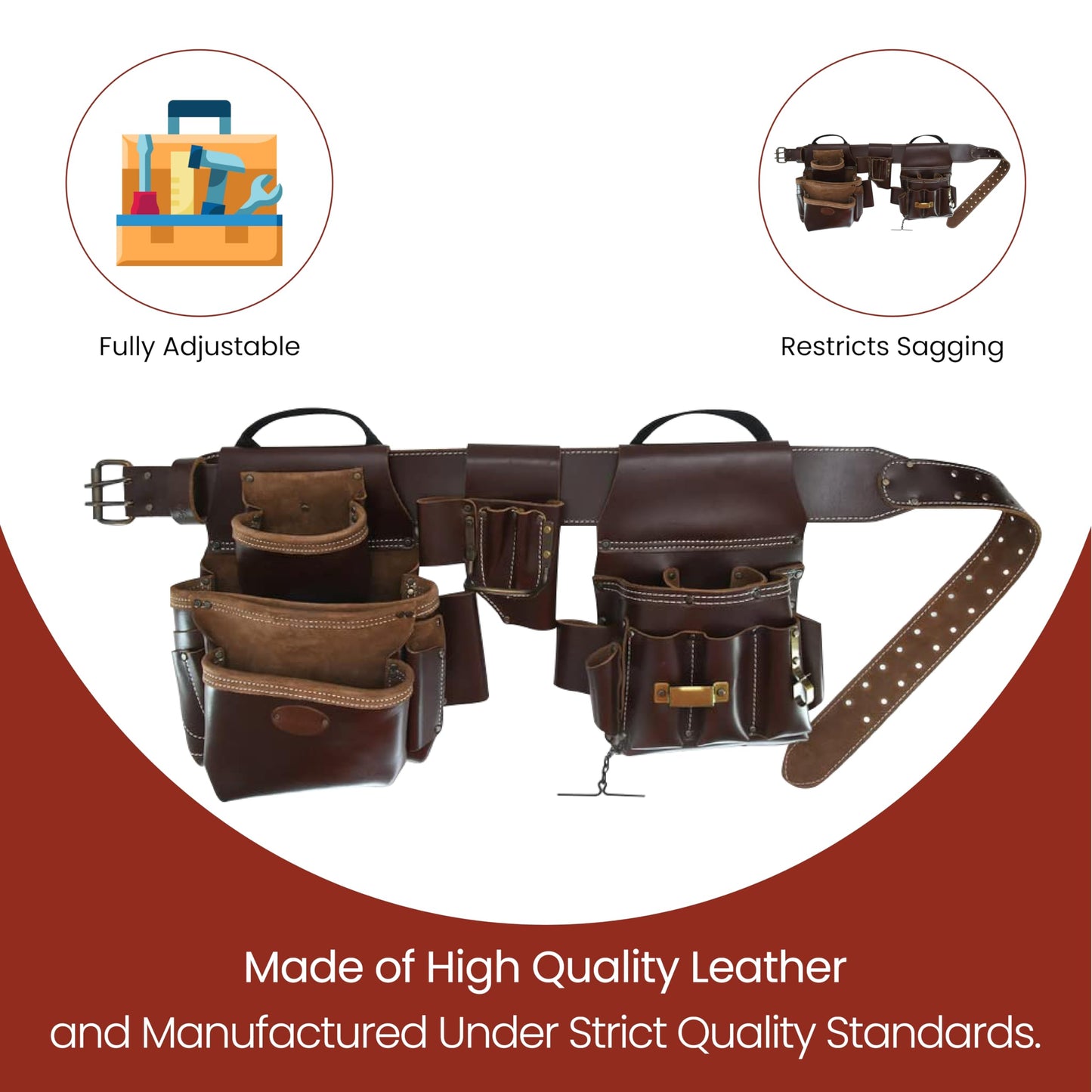 Style n Craft 4-Piece and 22-Pocket Electrician’s Combo, Tool Belt with 2 Tool Pouches and a 4-Pocket Multi-Tool Holder, Full-Grain Leather Electrician Tool Belt, Dark Tan (98464)