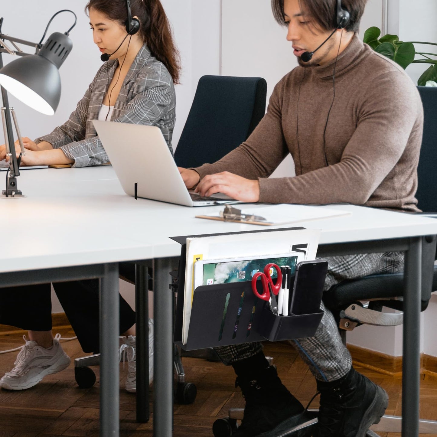 LUKETURE Laptop Holder, Steel Desk Side Storage, No Drill Standing Desk Accessories, Laptop Mount with Pen Holder, Back to School Supplies, Fits Flat Edge Tables 0.3" to 2.8" (Black, M(1 Tier))