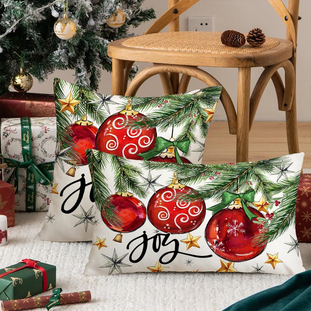AACORS Christmas Pillow Cover 12X20 Set of 2, Baubles Christmas Tree Stars Joy Decoration Holiday Farmhouse Winter Pillow Case for Sofa Couch Decor（Red） AA613-12-2