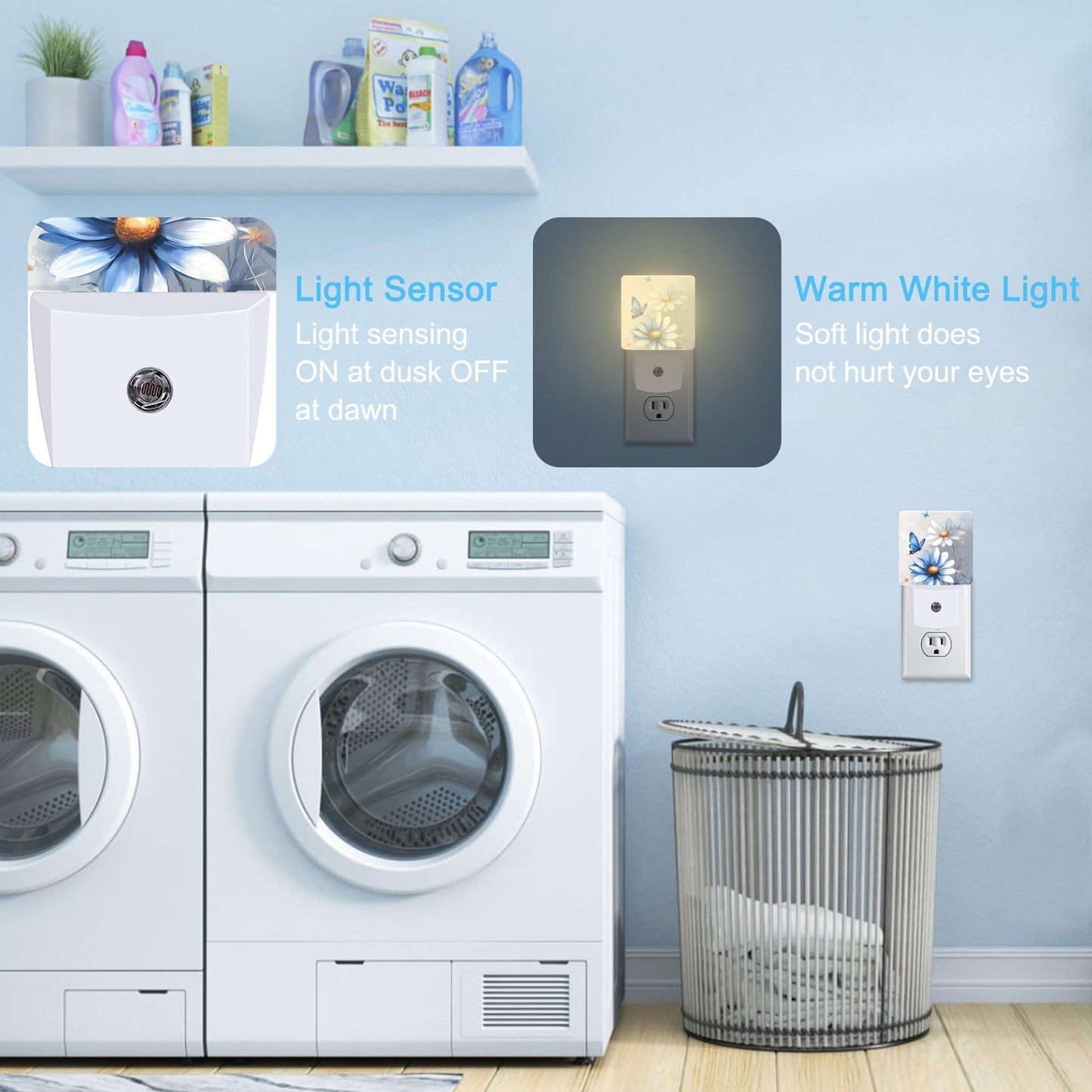 KXWQTRDD Blue and White Daisy Floral Butterfly Night Light Plug into Wall,Nightlights with Light Sensor Dusk to Dawn,Plug in Night Lights for Kids,Warm Lamps for Bathroom Bedroom Kitchen