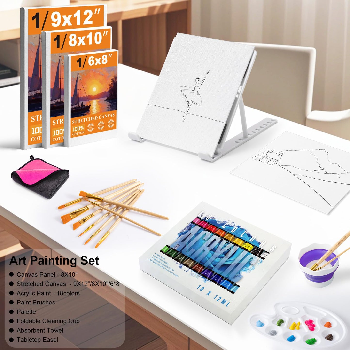 Whalsure Acrylic Paint Set for Kids & Adults, Art Painting Supplies Kit with 18 Acrylic Paints, Paint Brushes, Canvas, Easel