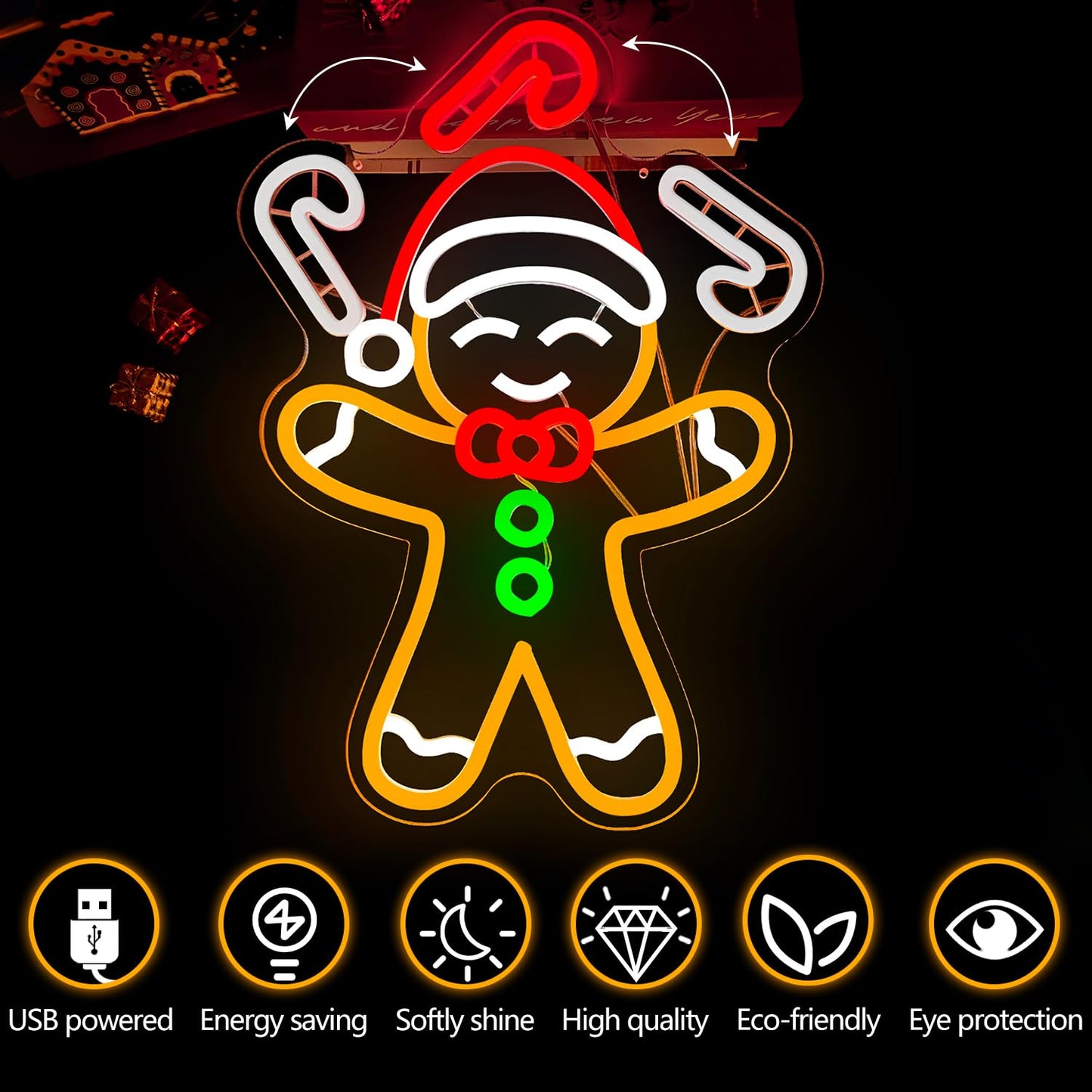 Christmas Neon Sign Gingerbread Man Throwing Candy Cane Neon Light Dimmable Led Gingerbread Wall Decorations Fun Christmas Waving Light Up Sign for Gifts