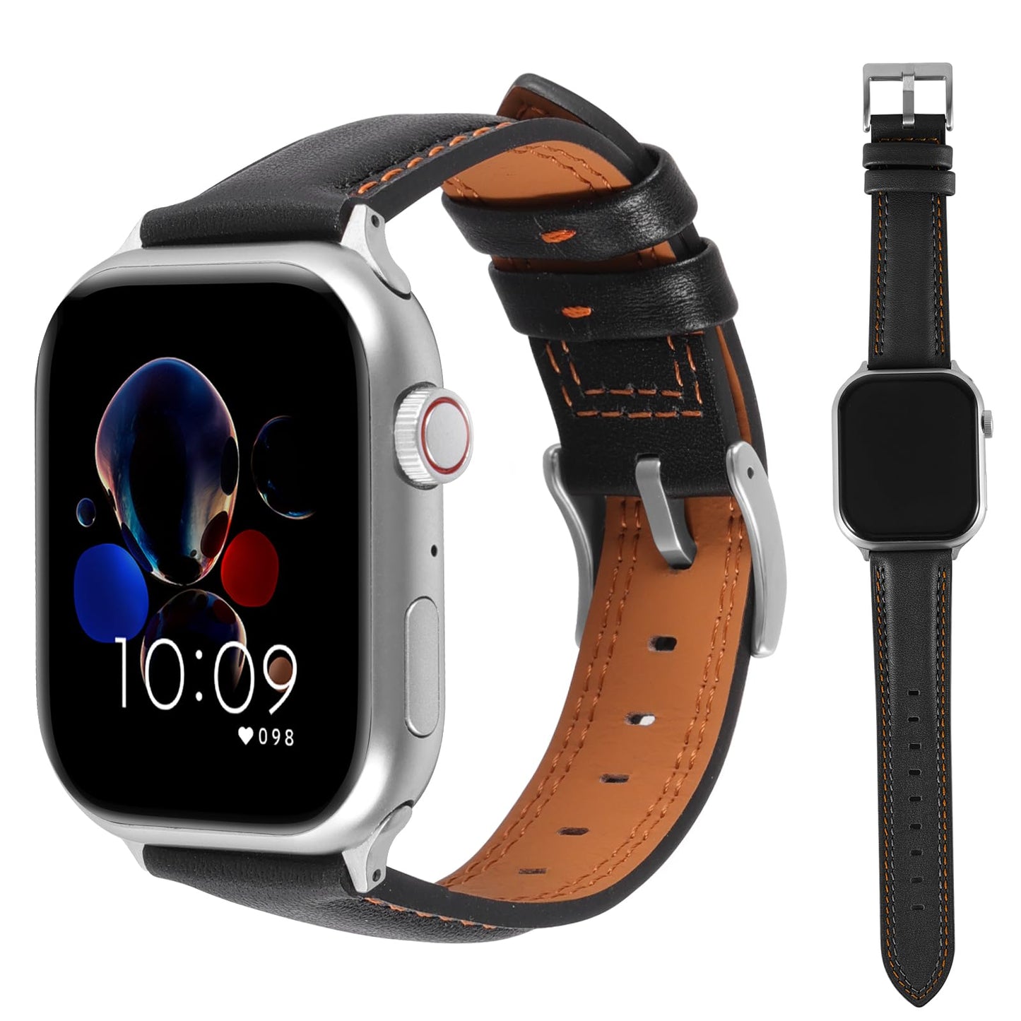 Soft Genuine Leather Band for Apple Watch 49mm 46mm 45mm 44mm 42mm - Women/Men Vintage Retro Replacement Wristband Strap with Metal Buckle for iWatch Ultra 3/2/SE/Series 11/10/9/8/7/6/5/4/3 - Black