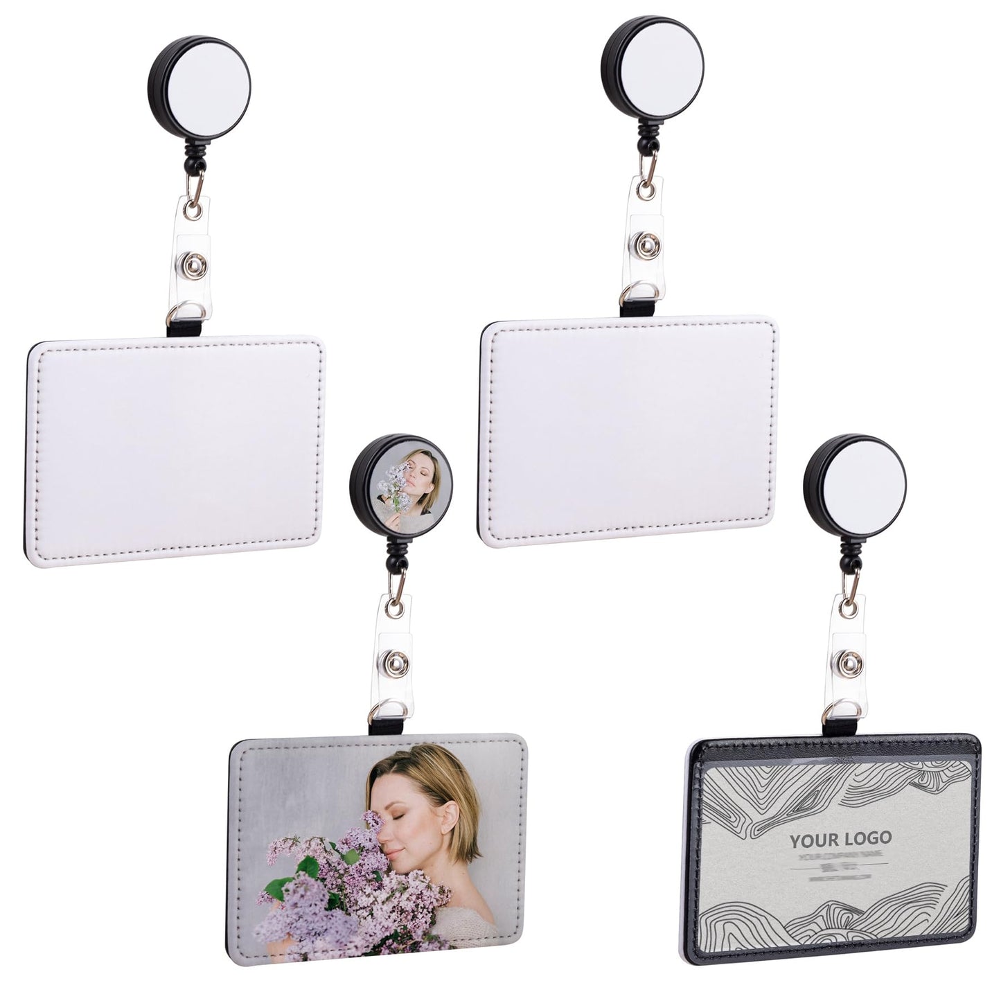 AUEAR, 4 Pack Sublimation Leather ID Name Card Badge Holder with Retractable Badge Reel for Office Business