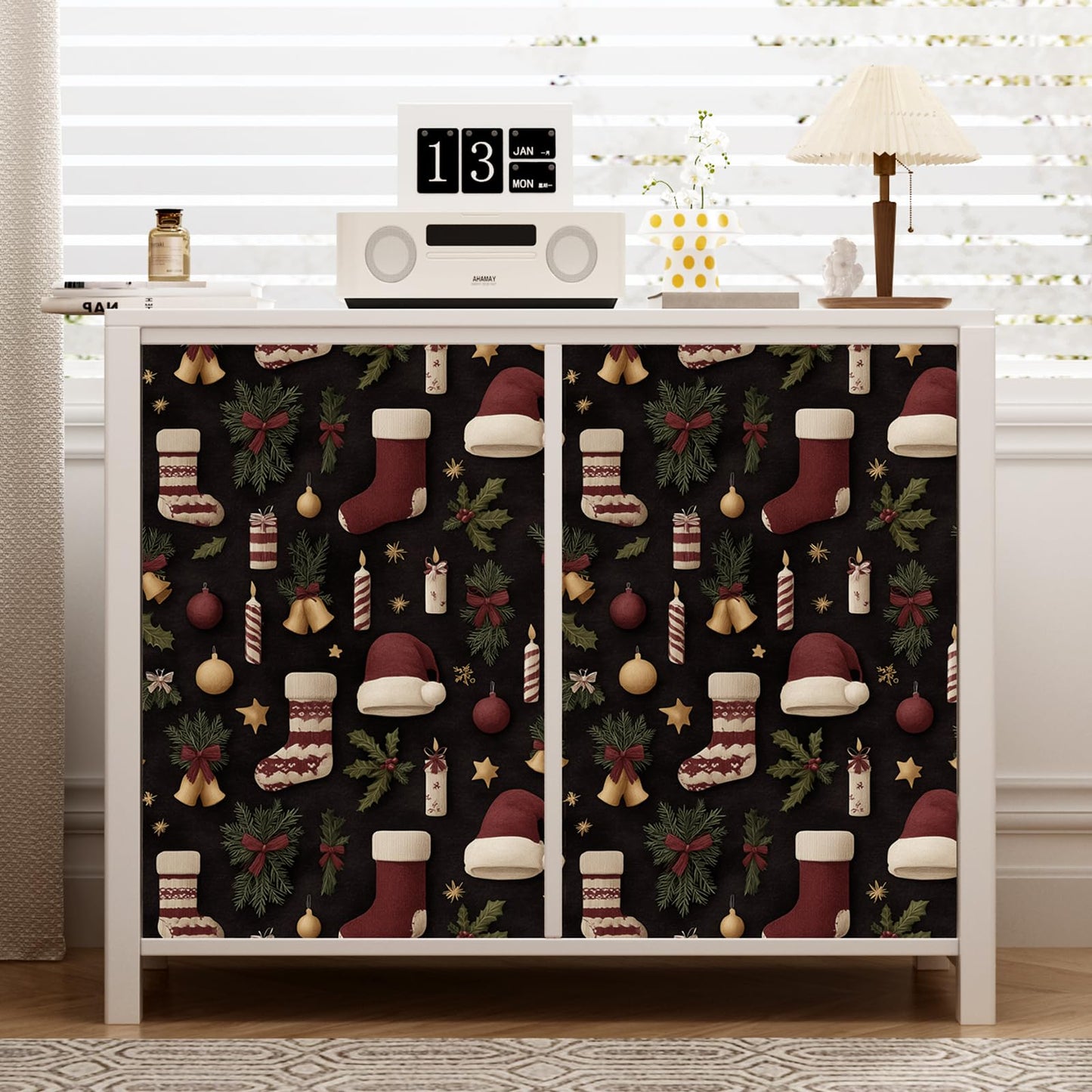 FUKUMON Christmas Cute Wallpaper Peel and Stick for Home Decor Waterproof Self-Adhesive Removable Contact Paper for Cabinets Bedroom Bathroom (Vinyl Santa Claus and Christmas Socks Pattern,15.7"x197")