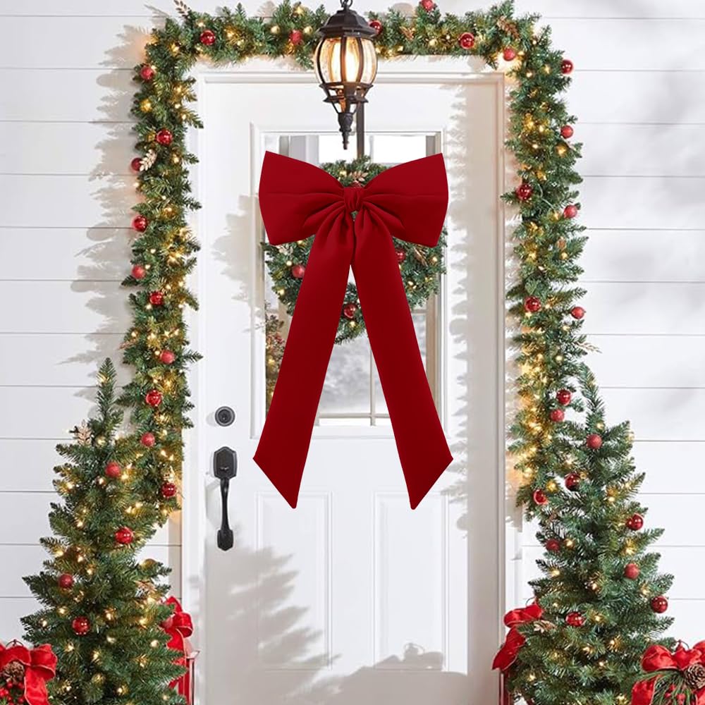Celltestria Large Christmas Bow Ornament 15x30 Inch Velvet Giant Wreath Bows Xmas Tree Topper Ribbon Hanging Bows for Christmas Holiday Home Wall Outdoor Indoor Party Garland Crafts Decoration(Red)