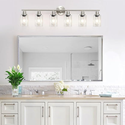 6-Light Nickel Bathroom Vanity Lights, E26 Modern Bathroom Light Fixtures with Clear Glass Shade, Wall Lamps for Mirror Hallway Kitchen Cabinet Living Room Sconces Lights