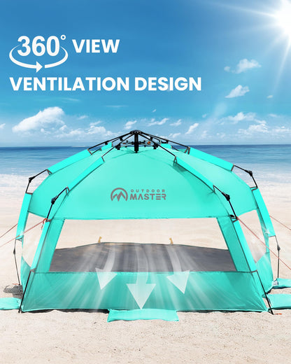 OutdoorMaster Beach Tent with Blackout Shelter Technology, Portable Sun Shade Shelter 4 Person, Pop Up Beach Tents with UPF 50+ UV Protection, 9.5mm Thick Pole, 3 Ventilating Mesh Windows -Green