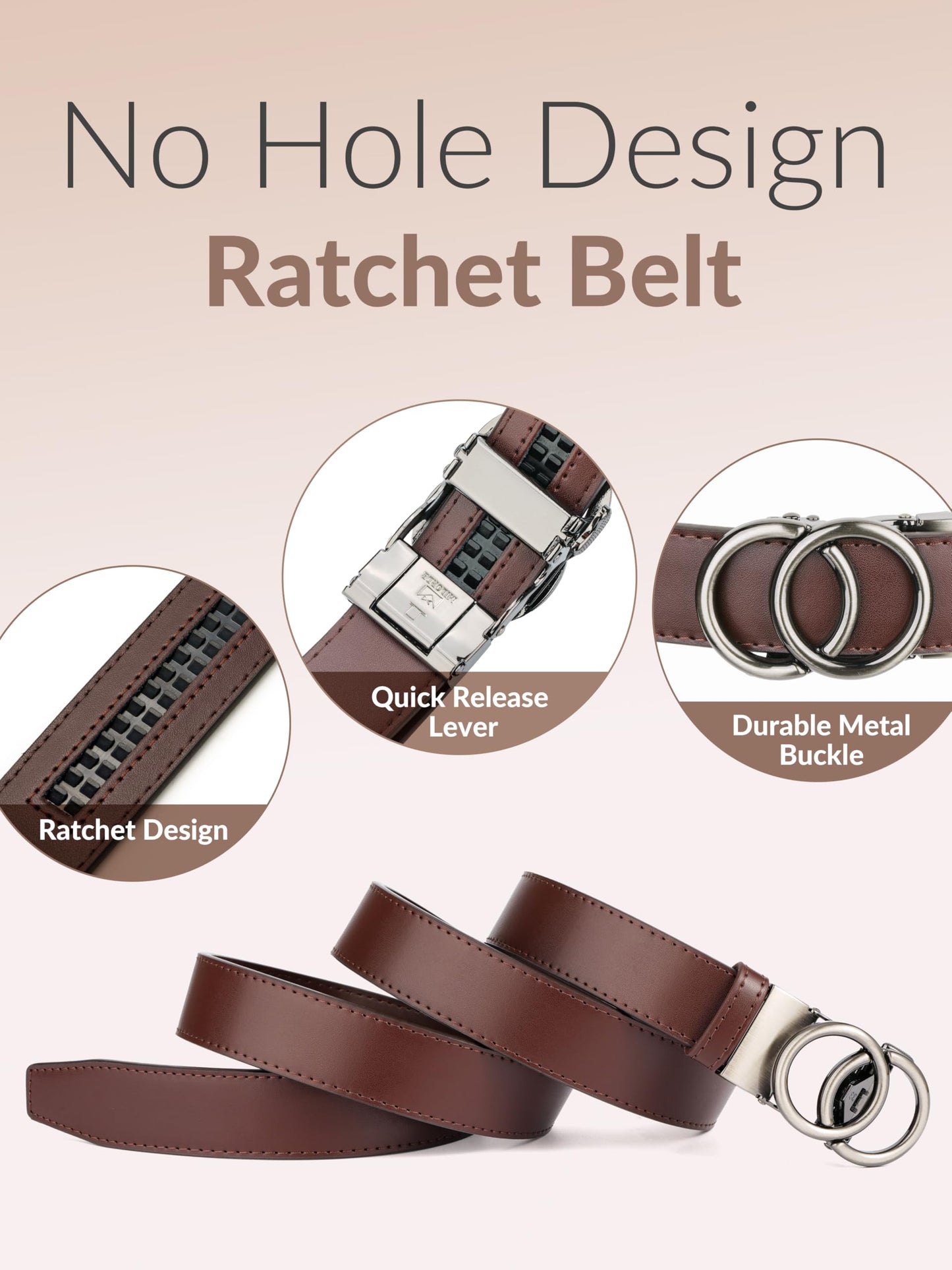 MILORDE Womens Ratchet Leather Dress Belt - 3cm/1.18“ width,Size Customizable Fit,Designs for Dress and Casual (W119-coffee, 36" to 42" Waist Adjustable)