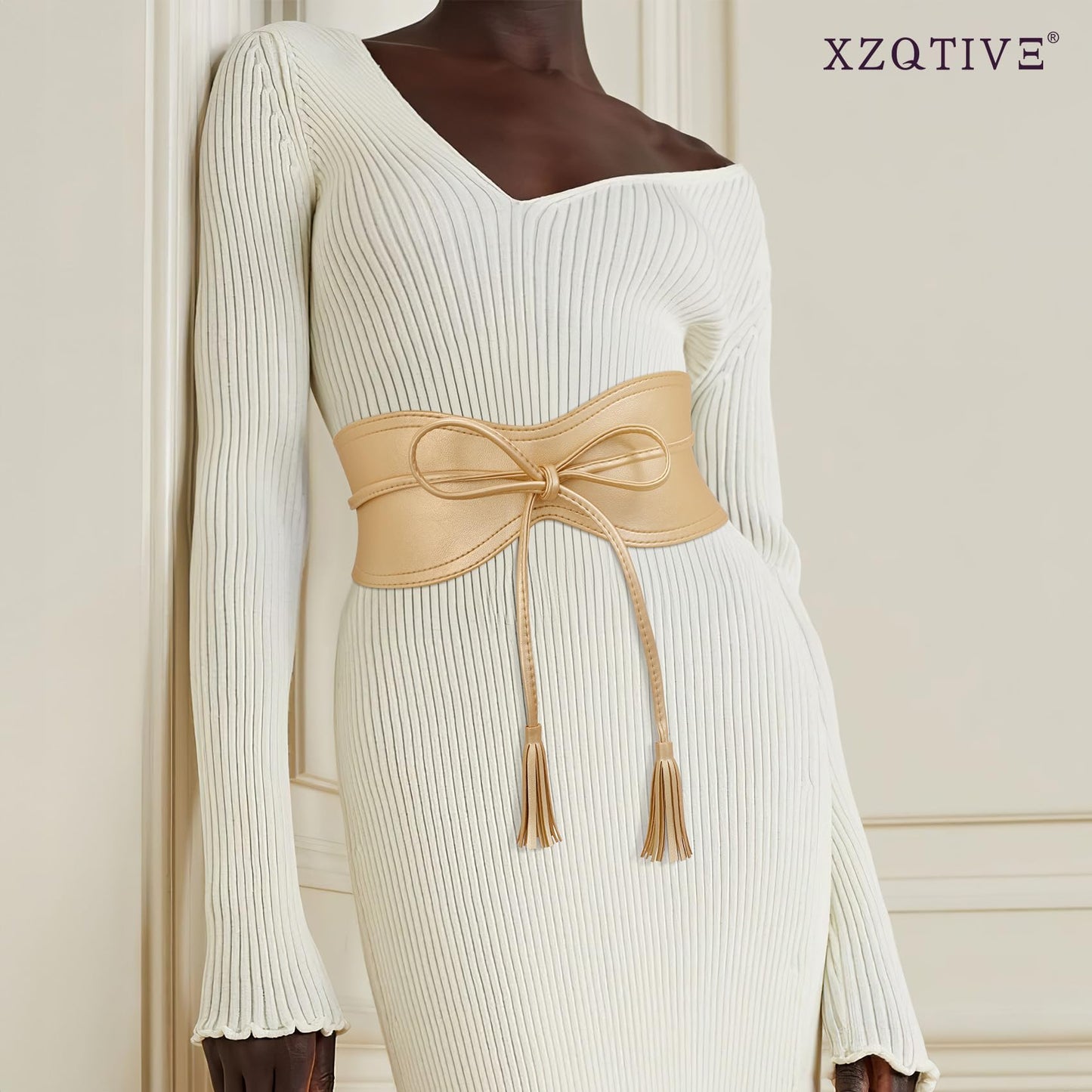 XZQTIVE Women Wide Belt for Dress Fashion Ladies Cinch Obi Belt Waistband with Tassel Tie, Gold(M Fits Waist Size 29"-38")