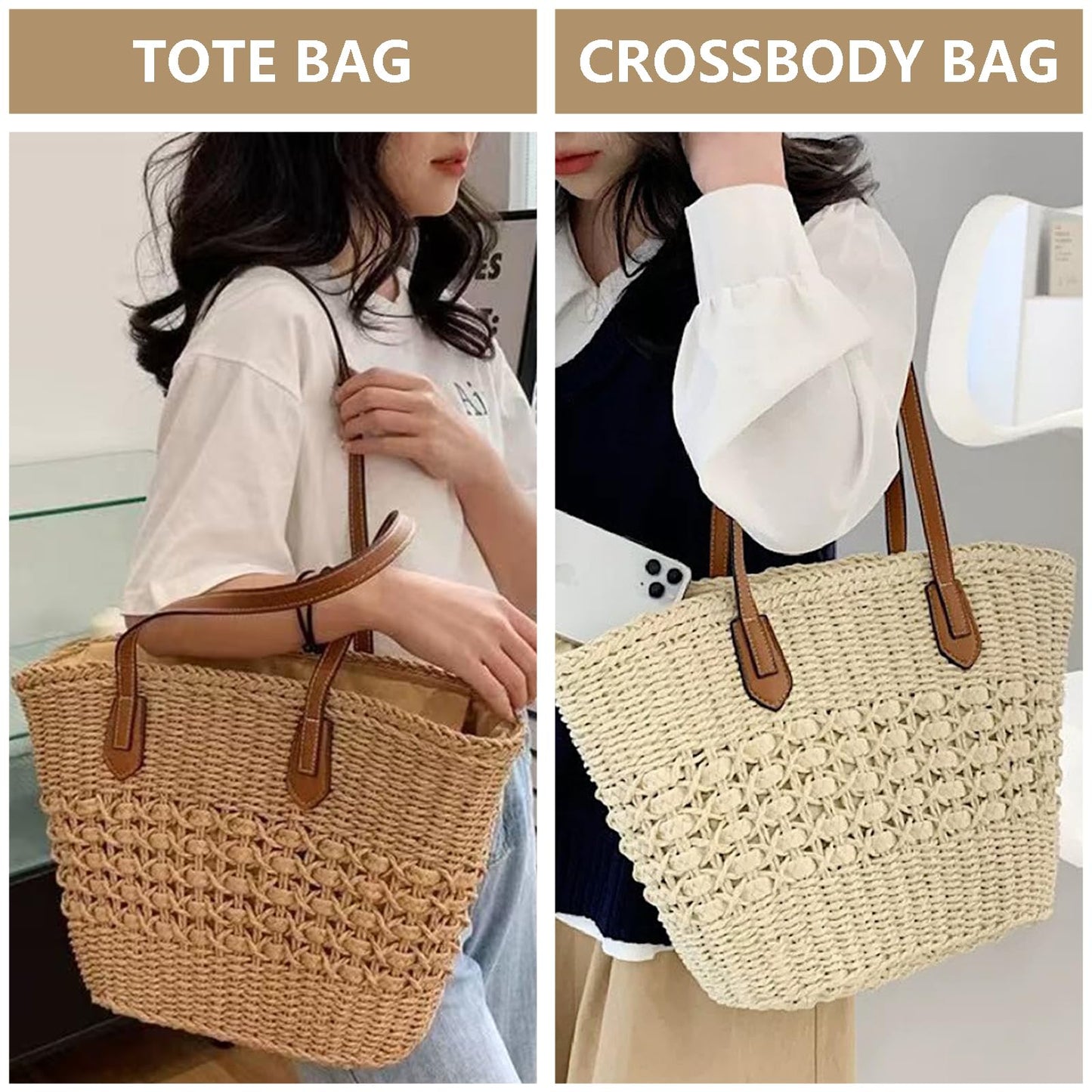 BVNTBZC Large Straw Shoulder Bag Women Woven Tote Travel Bag Top Handle Summer Beach Handbag Purse (Khaki)