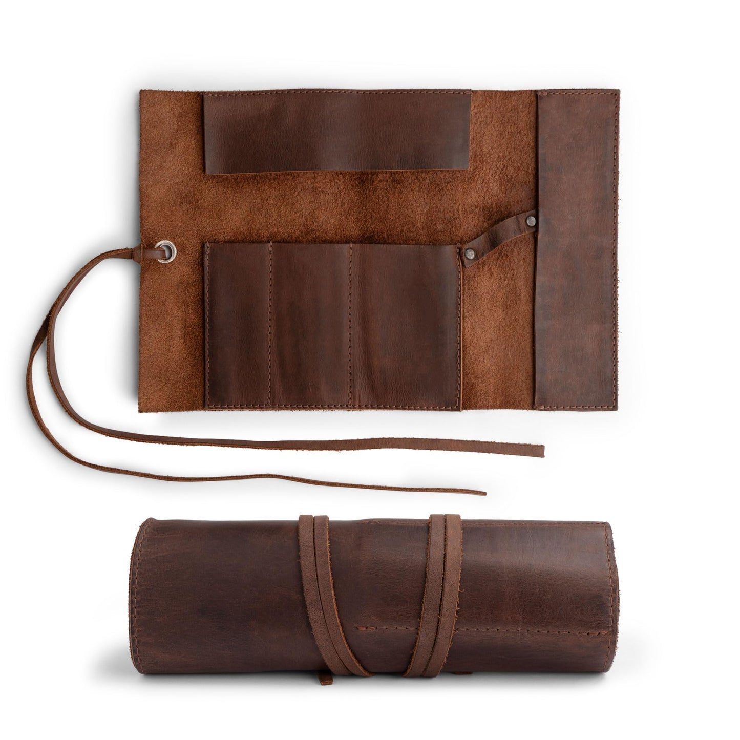 Hide & Drink, Rustic Leather Pencil Roll Pouch, Multi-Purpose Storage Wrap for Scissors, Earphones, Organizer for Craft, Work, Handmade (Bourbon Brown)