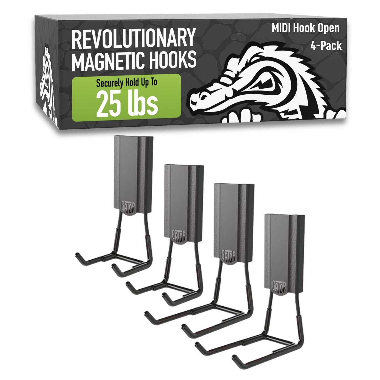 GATOR MAGNETICS MIDI 2.5 & 4" Open Hooks, 25 lb Heavy Duty Magnetic Hooks for Steel Surfaces, Patented Easy-Release, Non-Slip Grip – Storage & Organization, Garage, Shed, Home, Cleaning Tools -4 Pack