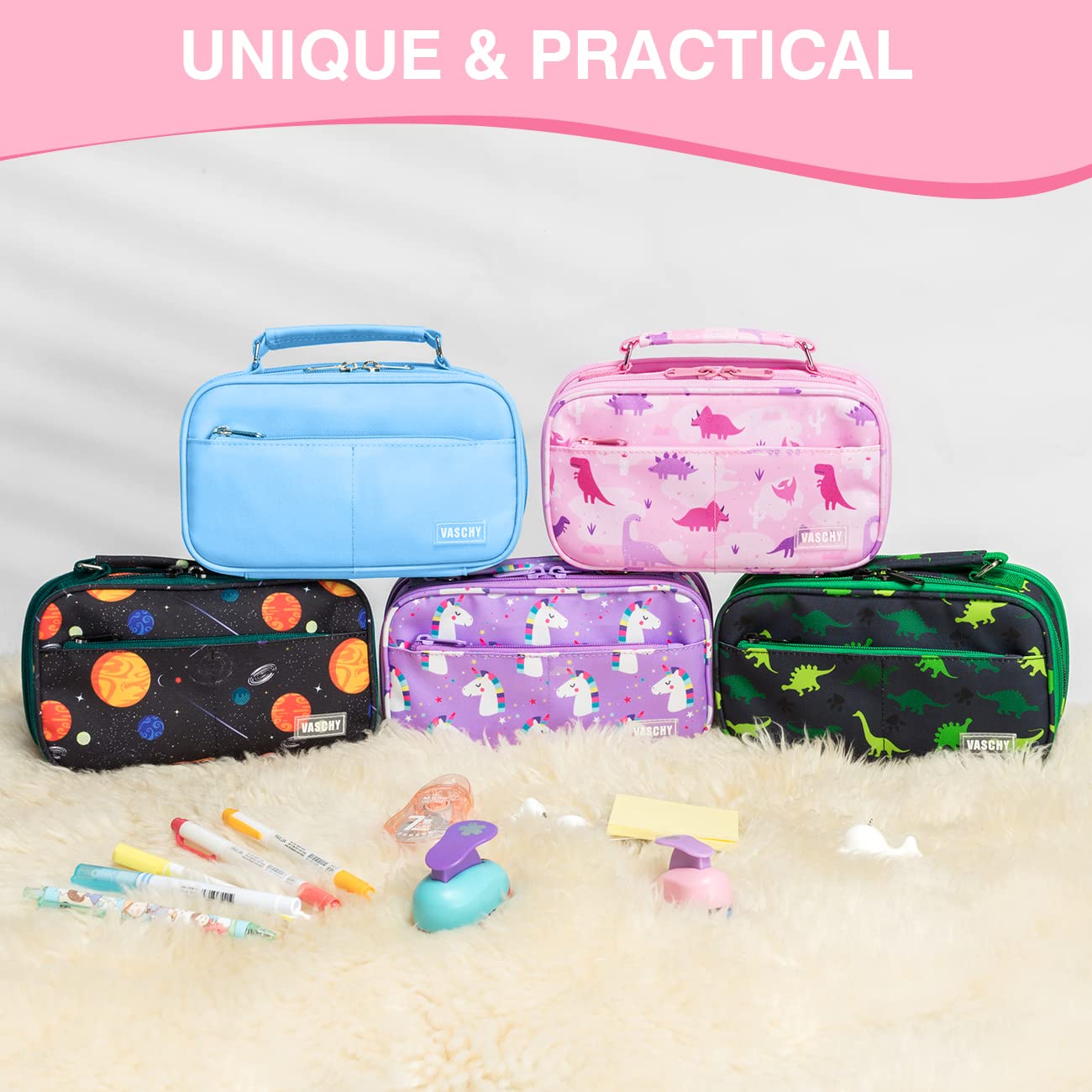VASCHY Pencil Case for Girls, Aesthetic Kawaii Large Pencil Pouch Stationary Pencil Bag/Box for Preppy Kids, Pen Organizer Holder School Supply Pink Dinos