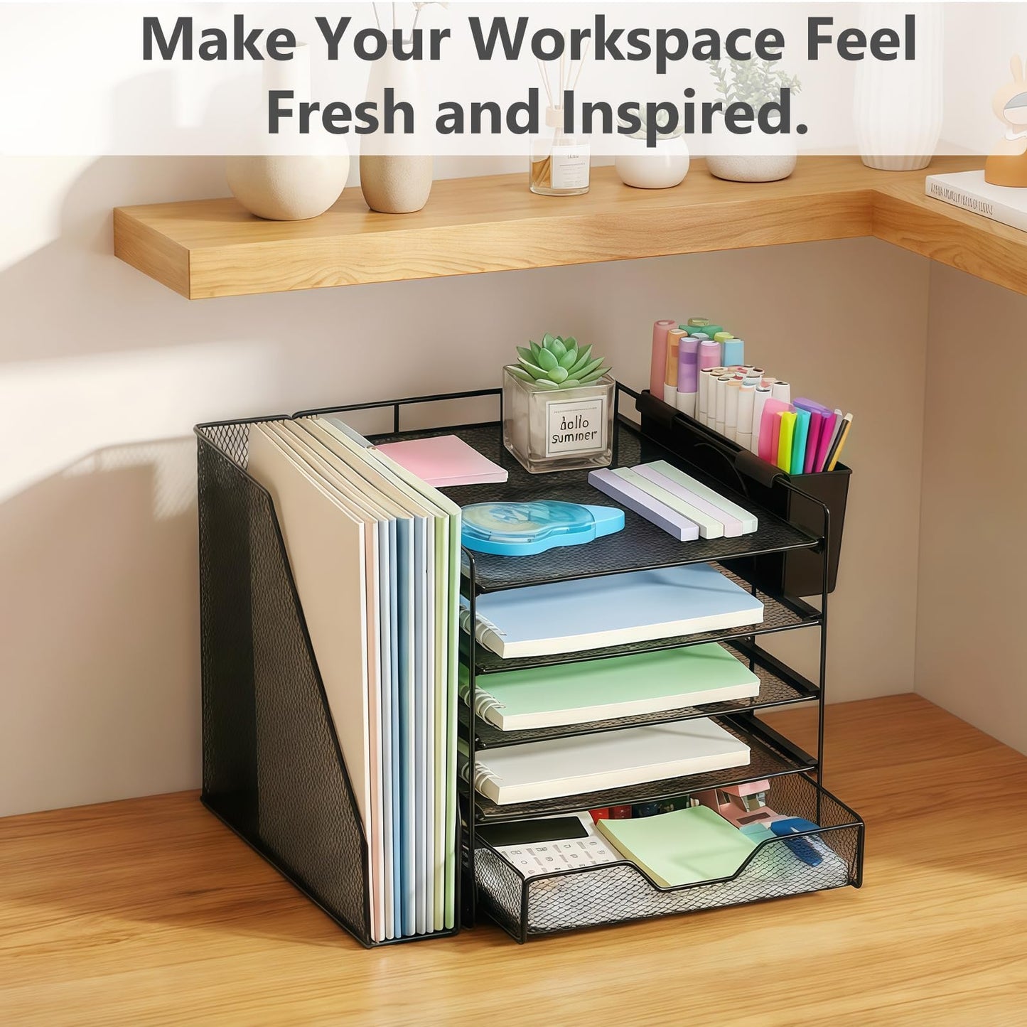 Gugsey Desk Organizer, 5-Tier Paper Letter Tray Organizer with File Holder, Drawer and Pen Holder, Desktop Organizer for Office Supplies, Black
