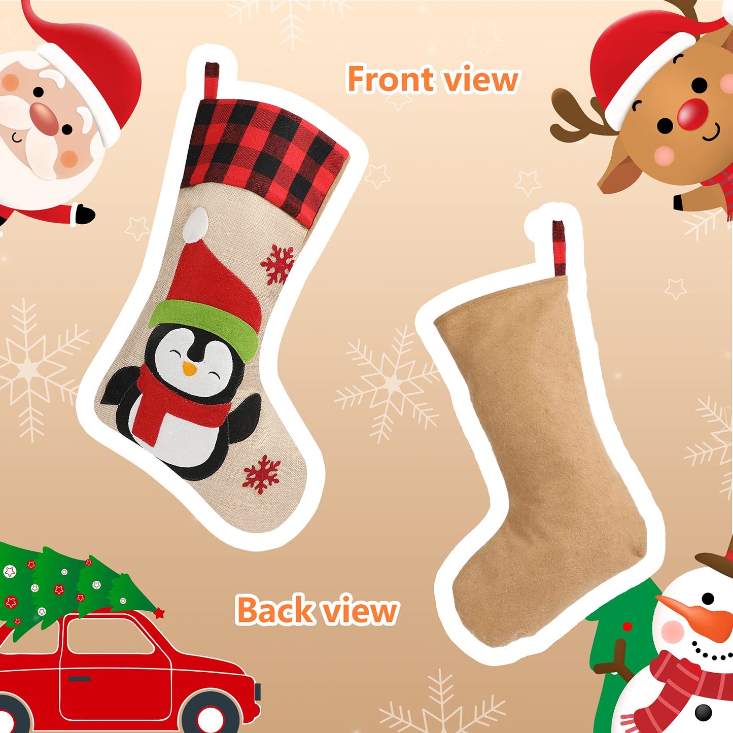 Christmas Stockings 5 Pack, 18'' Large Christmas Stockings with Santa Snowman Gnomes Pattern,Classic Buffalo Plaid Cuff,Xmas Ornaments for Family Stairs Fireplace Tree Hanging