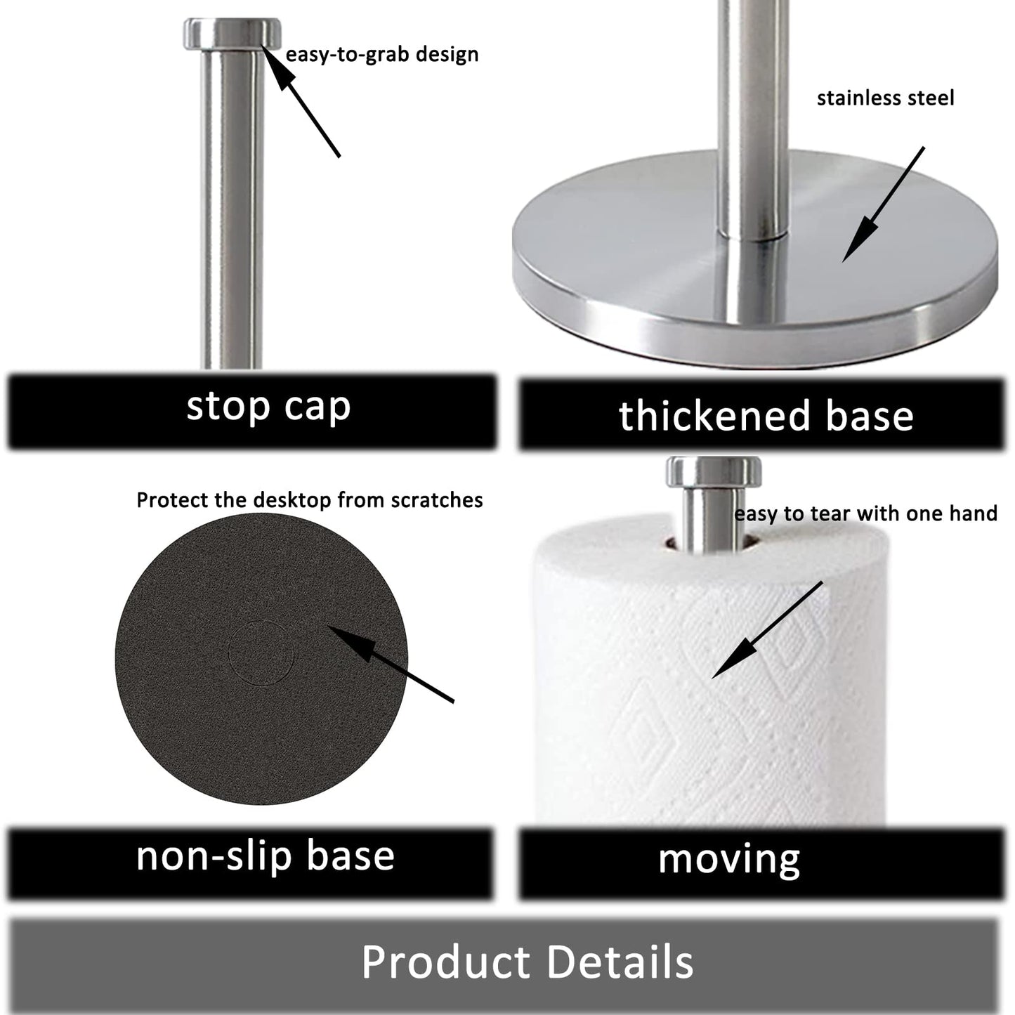 GWGTHZ Silver Standing Paper Towel Holder for Kitchen& Bathroom Countertop,Under Counter, Table Or BBQ, Standard or Jumbo-Sized Roll Paper (with Stainless Steel Base)