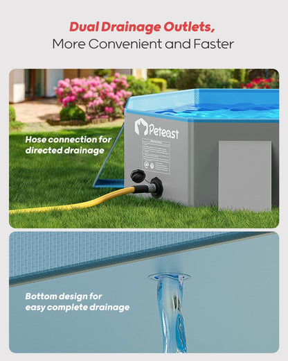 Peteast Foldable Dog Pool with Sturdy Square Design, Durable 82" Lx46 Wx12 D Extra Large Portable Pet Bathtub with Reinforced Sidewalls for Stability, Ideal for Indoor & Outdoor Use (Blue&Gray)