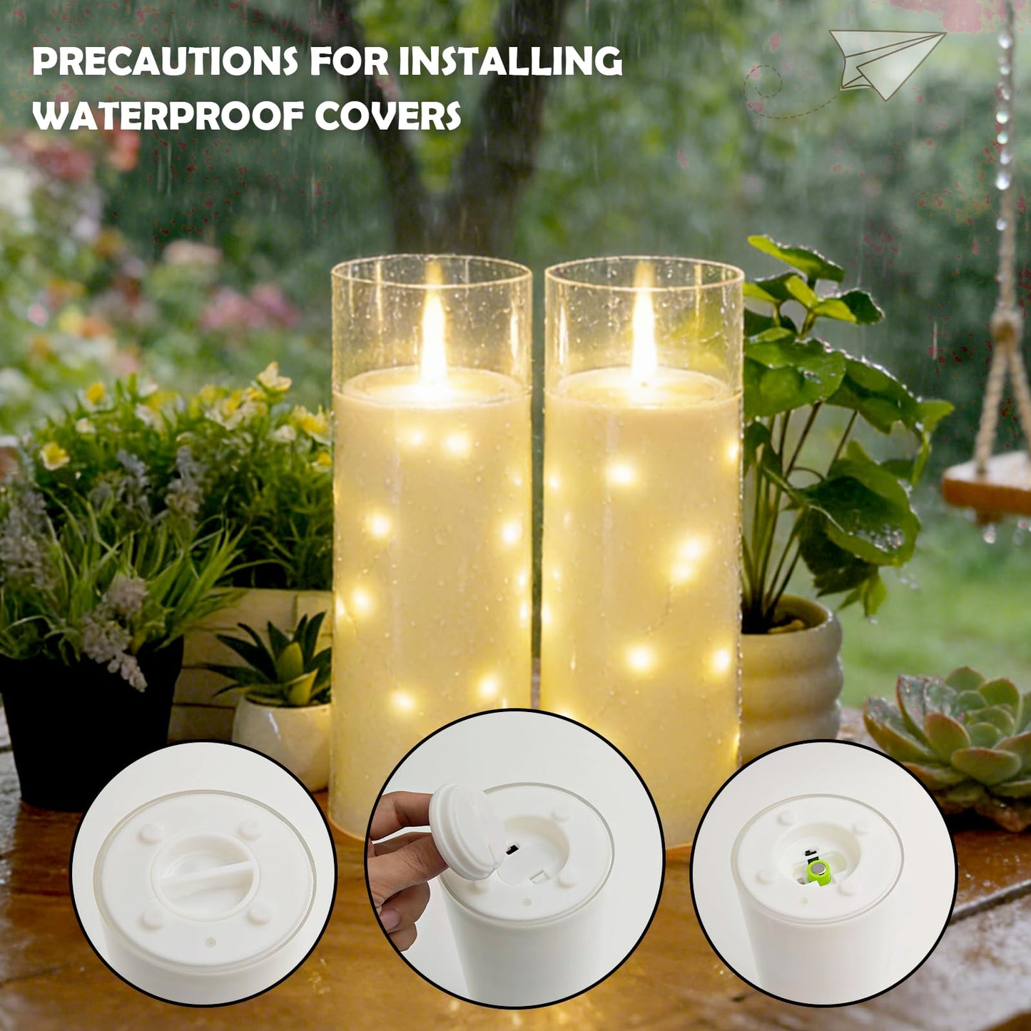 kakoya Large Solar Flameless Candles Outdoor Waterproof 11" x 4",2Pcs LED Pillar Candles Included Rechargeable Solar Battery with Embedded Star String for Outdoor Porch,Patio Decor(White)