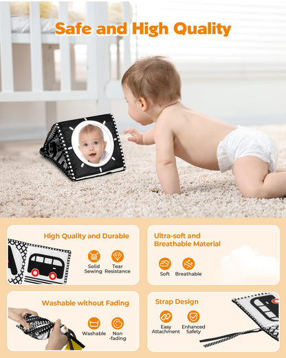 Melican Black and White High Contrast Baby Toys 0-6 6-12 Months, Soft Book with Teether, Newborn Infants Tummy Time Toys, 0-3 3-6 Month Sensory Visual Stimulation, Montessori Learning Essentials