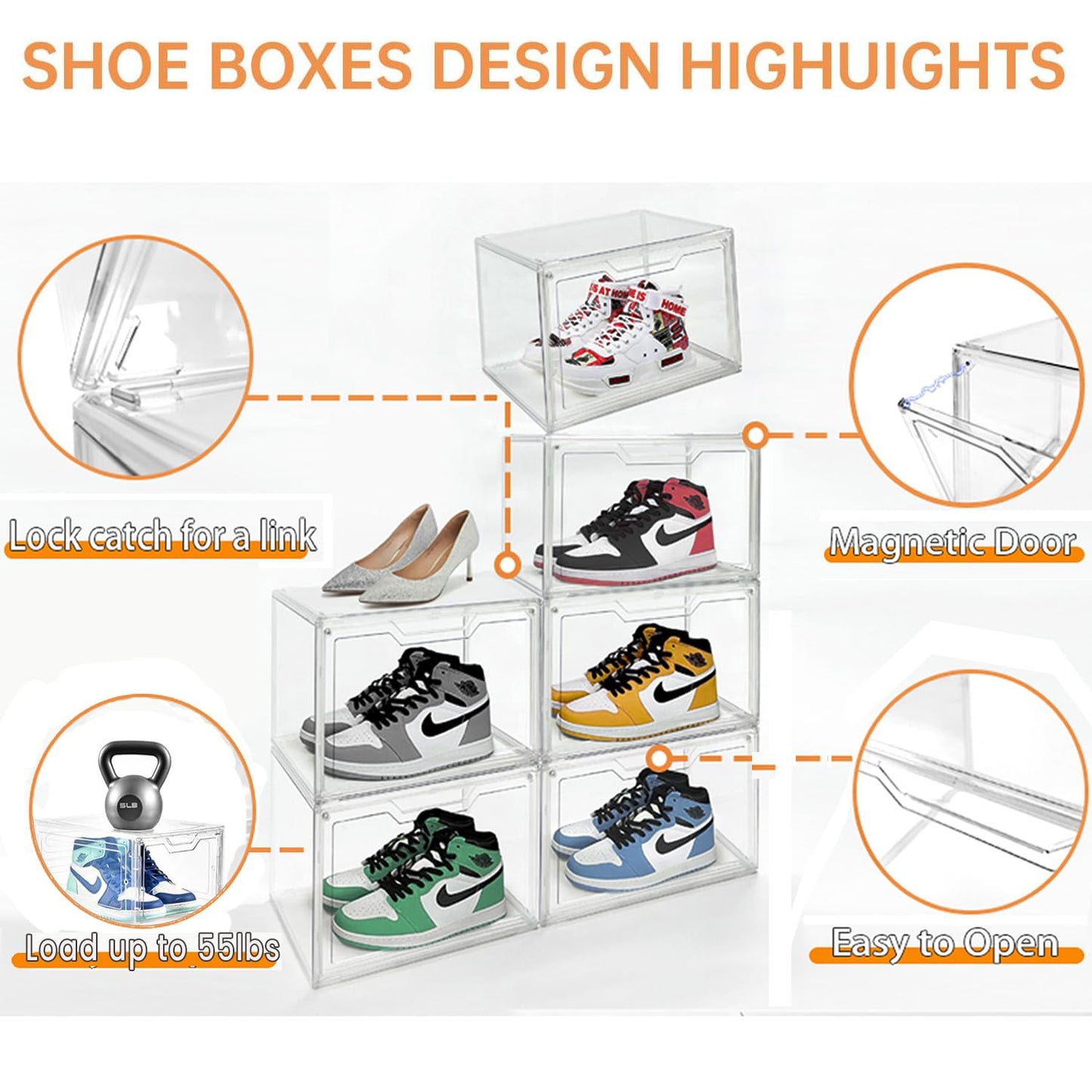 KOKOIN Magnetic Acrylic Clear Shoe Boxes – 360° Transparent Stackable Sneaker Storage & Organizer Box, Professional Shoe Display Case & Multipurpose Storage Bin for Closet (5pcs)