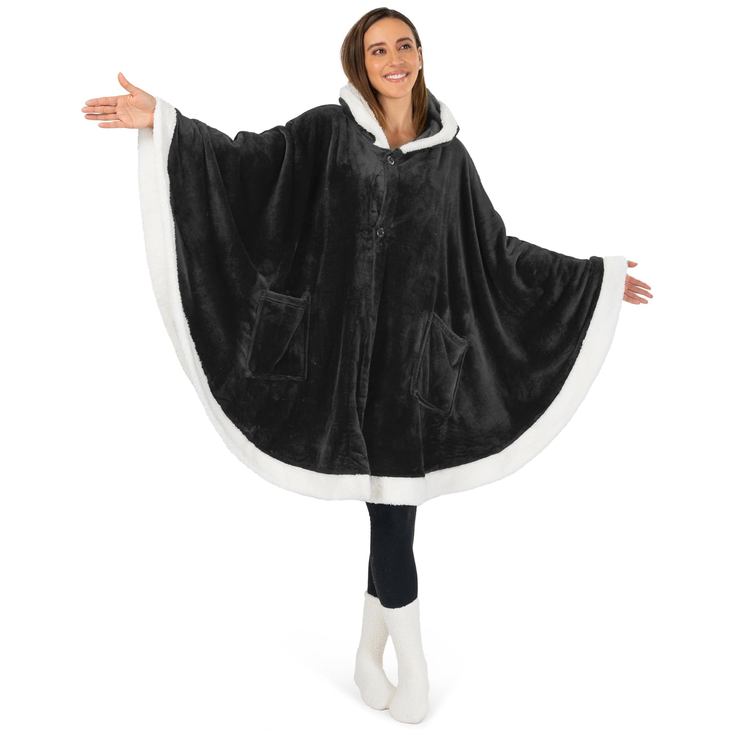PAVILIA Hooded Blanket Poncho, Women Sherpa Fleece Shawl Wrap with Hood, Wearable Blanket Cozy Warm Poncho Cape Throw with Pockets, Gift for Elderly Mom, Black
