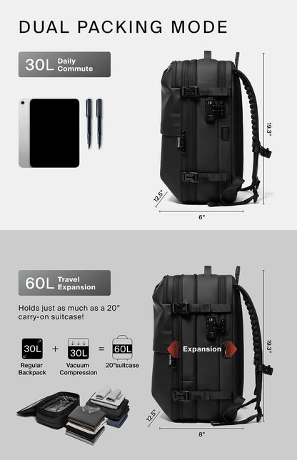 Vortex Vacuum Seal Travel Backpack 60L Exapandable Air Compression System Water Resistant TSA Lock Carry-On Suitcase Luggage Black AERO - Vacuum Pump Included