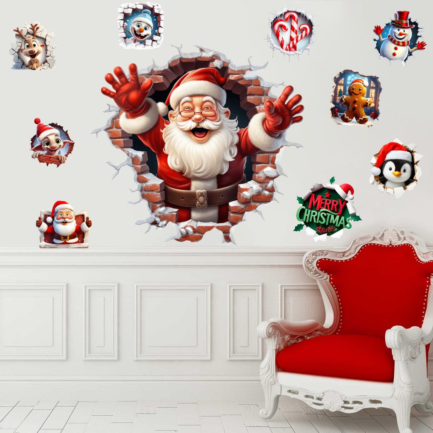 XUOIAYNB Large 3D Santa Claus Christmas Wall Stickers,Snowman Gingerbread Man Reindeer Candy Vinyl Wall Decals, Removable Winter Holiday Xmas Break Through Wall Art for Kids Bedroom Playroom Decor