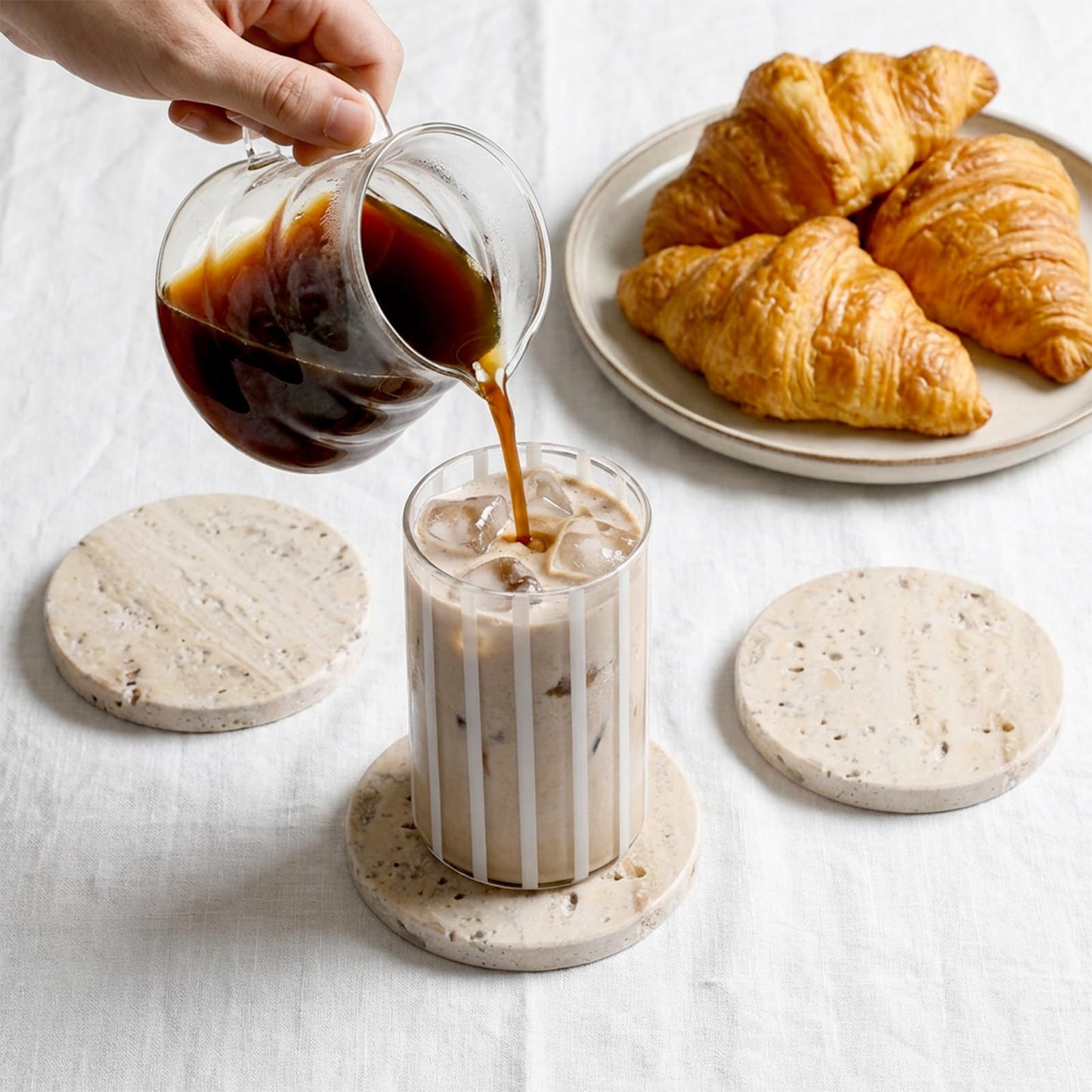 Giloaou Travertine Coasters Set of 4, Marble Absorbent Coaster with Non-Slip Cork Backing, 4'' Round Stone Drink Coasters for Home & Office - Protect Tables from Stains & Scratches
