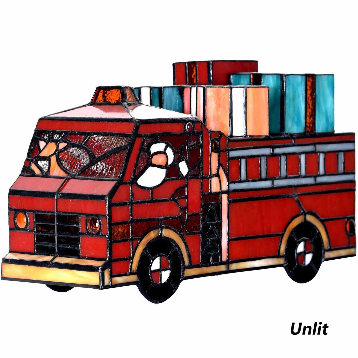 Bieye L12009 Tiffany Style Stained Glass Christmas Fire Truck Table Lamp with Santa, Reindeer, and Gifts, Handmade Holiday Decoration, 12" Wide